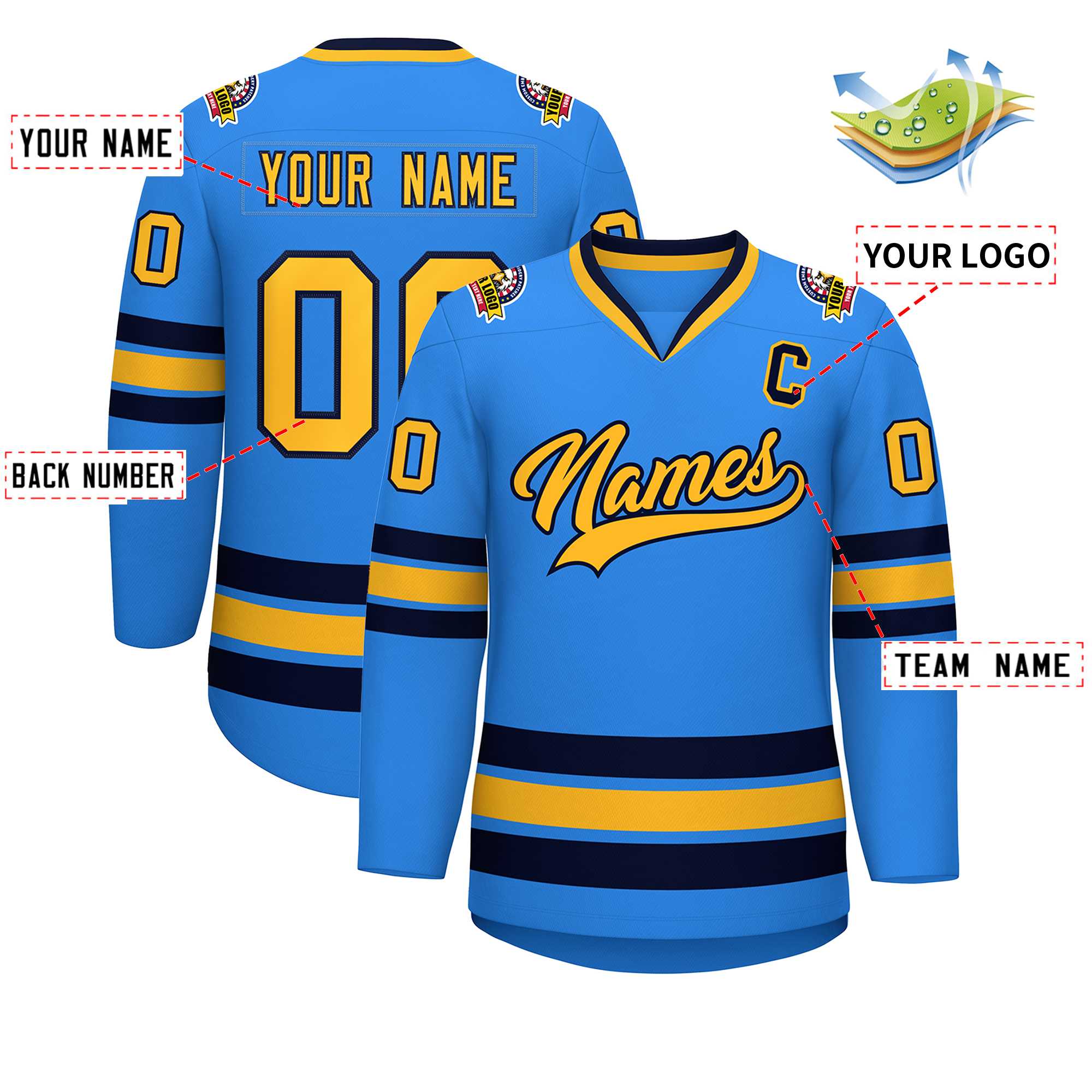 Custom Powder Blue Gold-Navy Classic Style Hockey Jersey