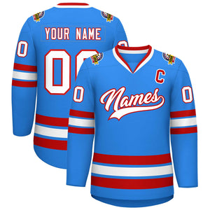 Maillot de hockey de style classique bleu poudre blanc-rouge personnalisé