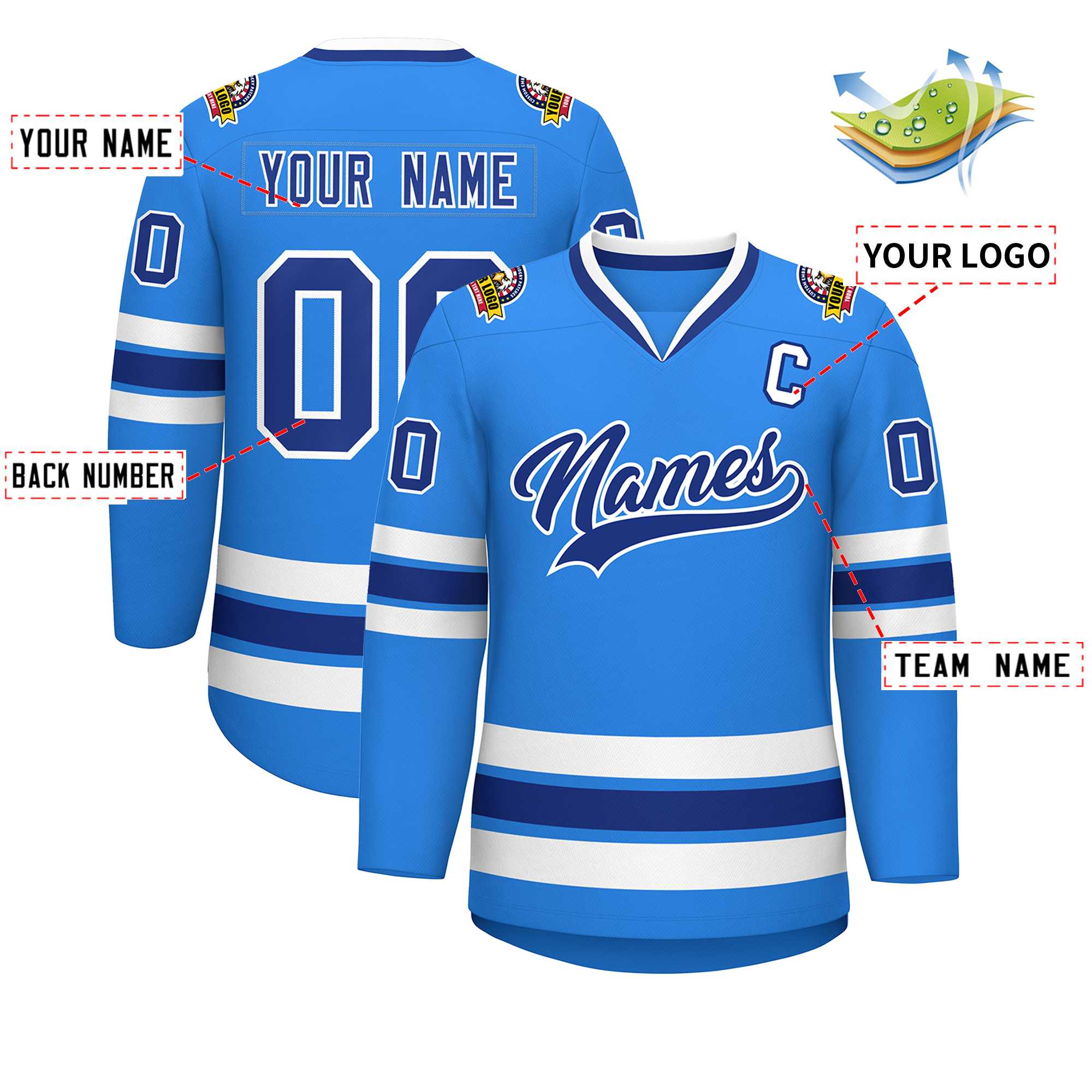 Maillot de hockey de style classique bleu poudre personnalisé Royal-White