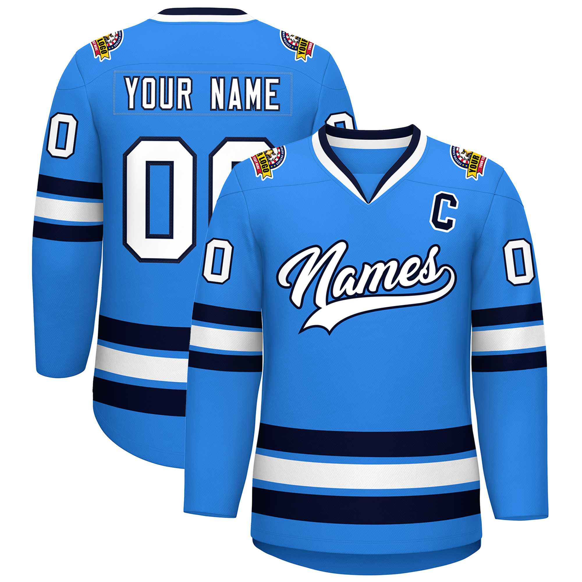 Custom Powder Blue White-Navy Classic Style Hockey Jersey