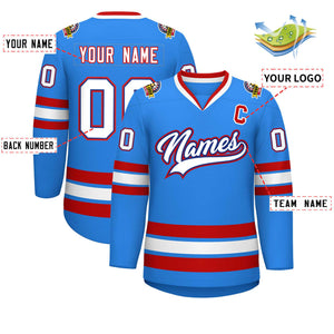 Maillot de hockey de style classique bleu poudre personnalisé blanc royal-rouge