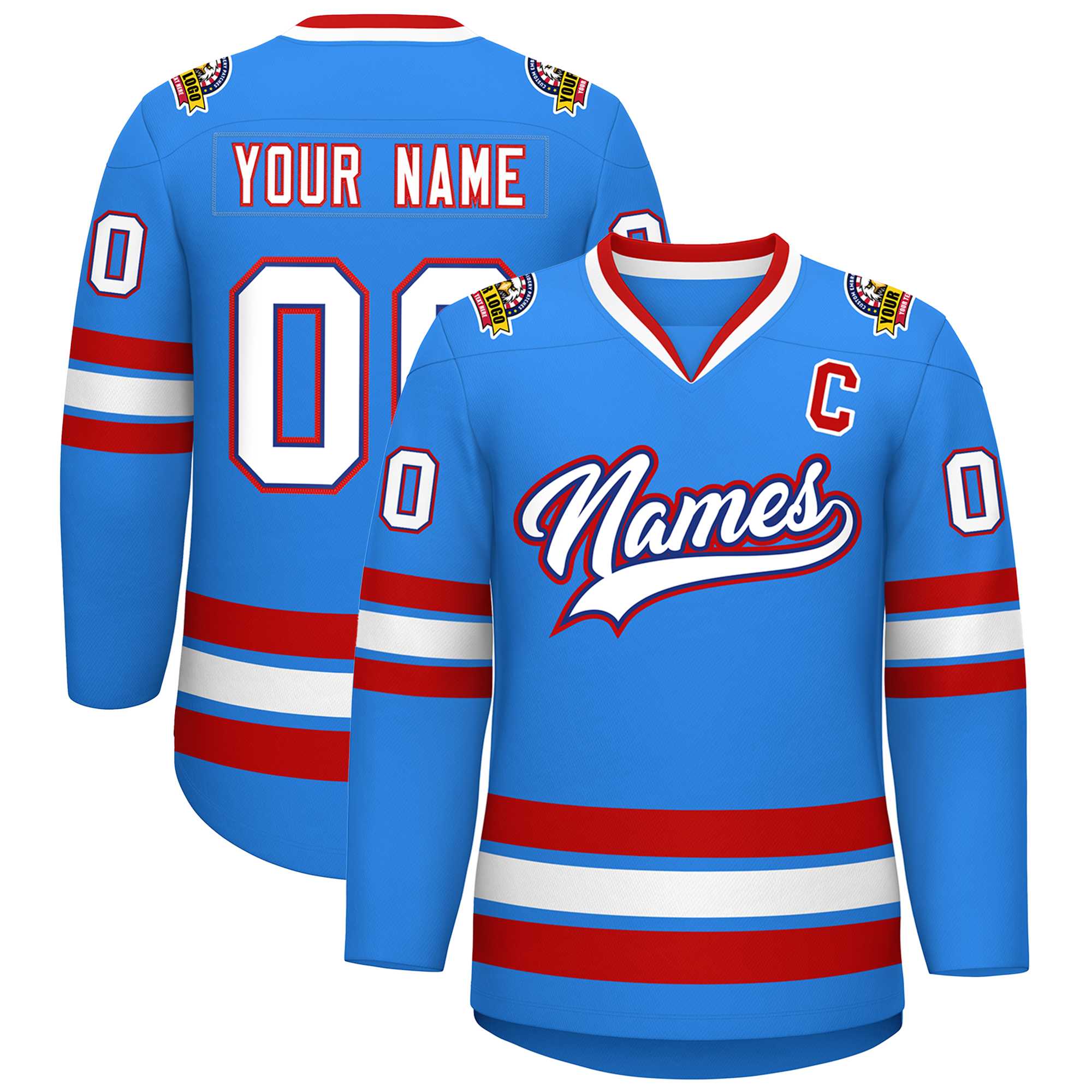 Custom Powder Blue White Royal-Red Classic Style Hockey Jersey