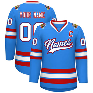 Maillot de hockey de style classique bleu poudre personnalisé blanc royal-rouge