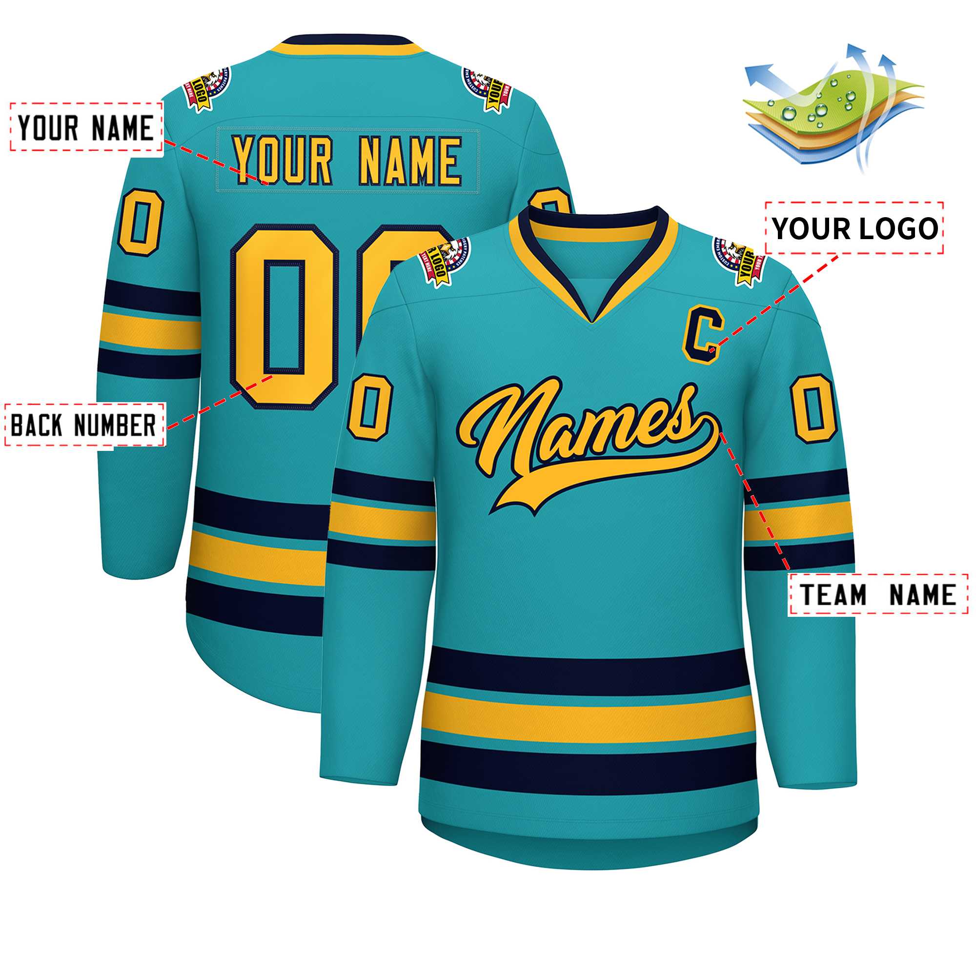 Custom Aqua Gold-Navy Classic Style Hockey Jersey