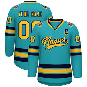 Custom Aqua Gold-Navy Classic Style Hockey Jersey