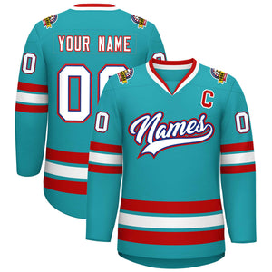 Custom Aqua White Royal-Red Classic Style Hockey Jersey