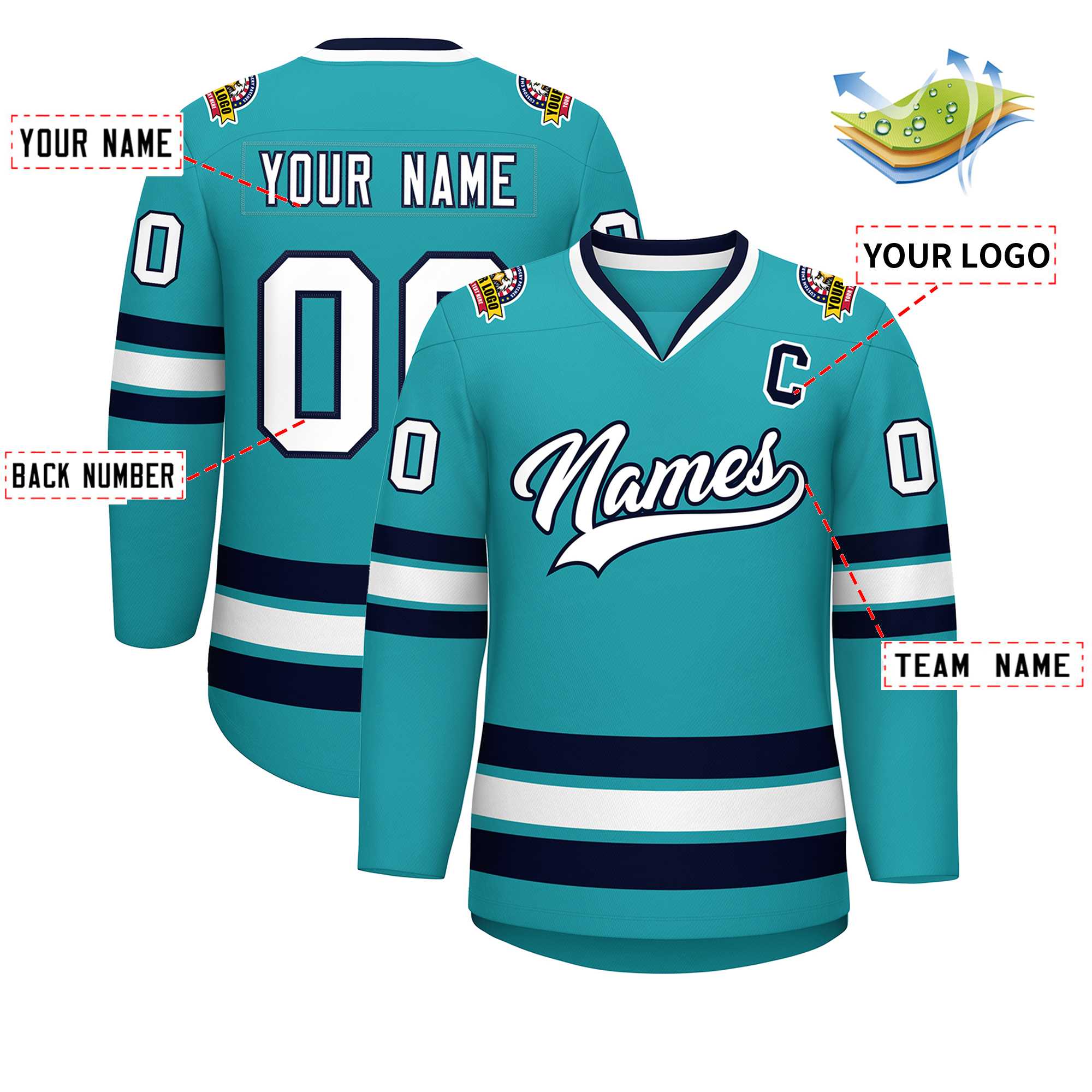 Custom Aqua White-Navy Classic Style Hockey Jersey