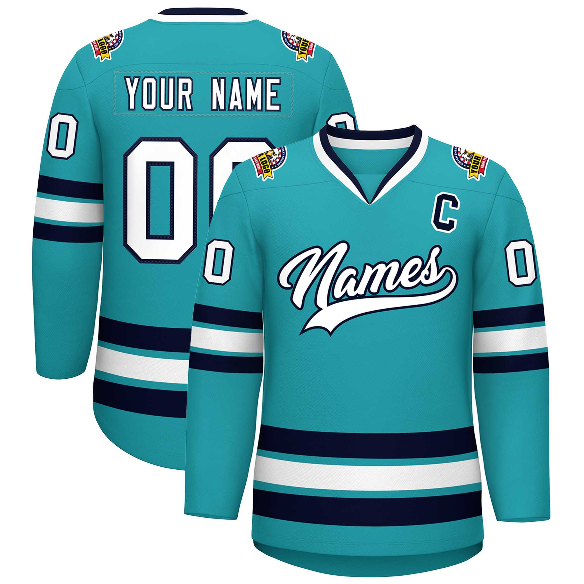 Custom Aqua White-Navy Classic Style Hockey Jersey