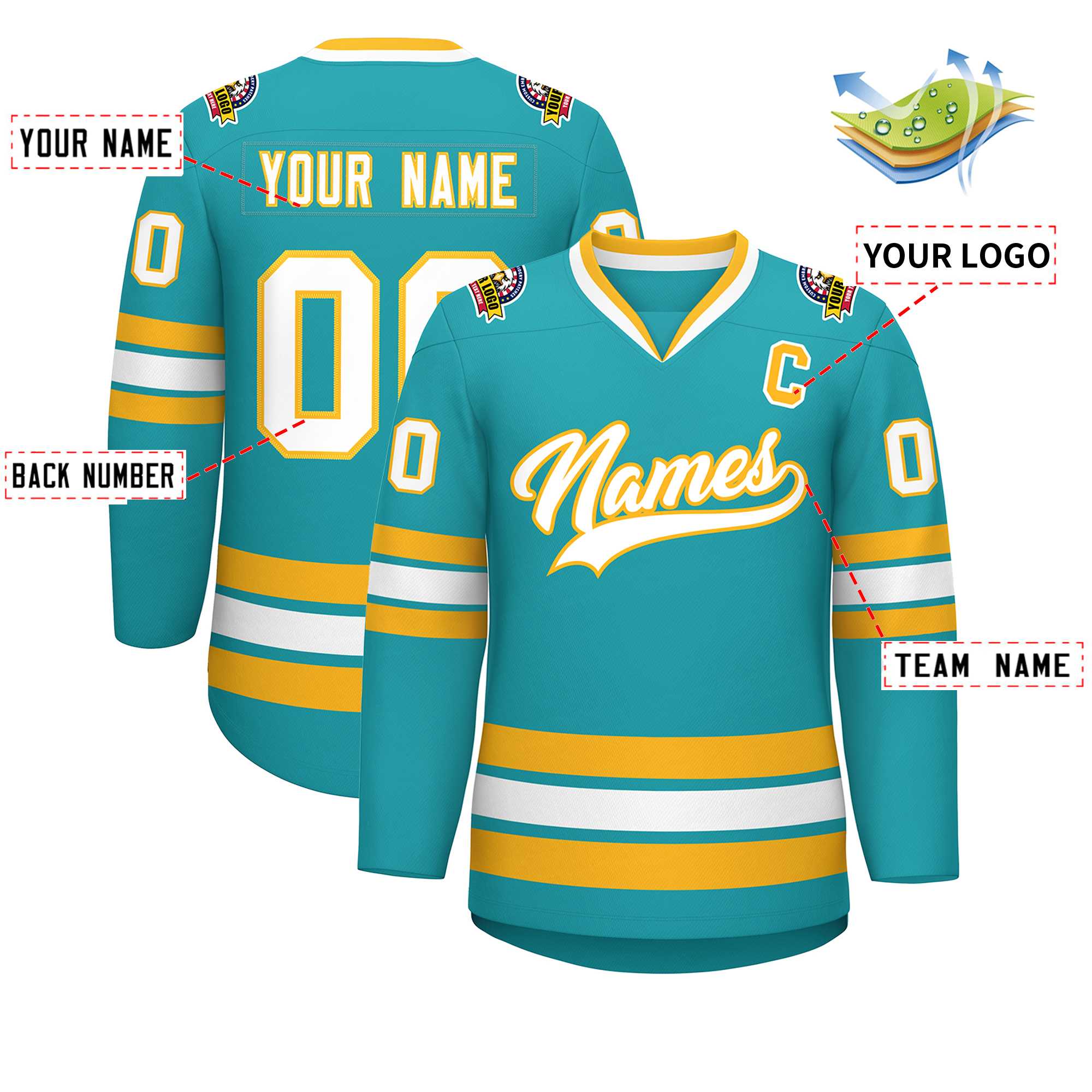 Maillot de hockey de style classique Aqua blanc-or personnalisé