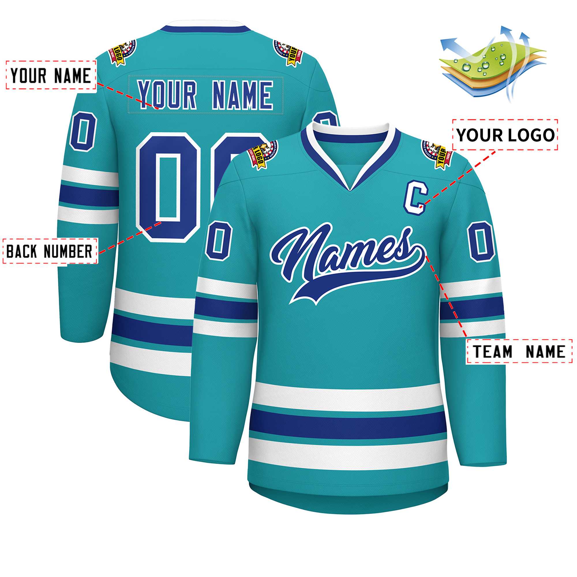 Custom Aqua Royal-White Classic Style Hockey Jersey