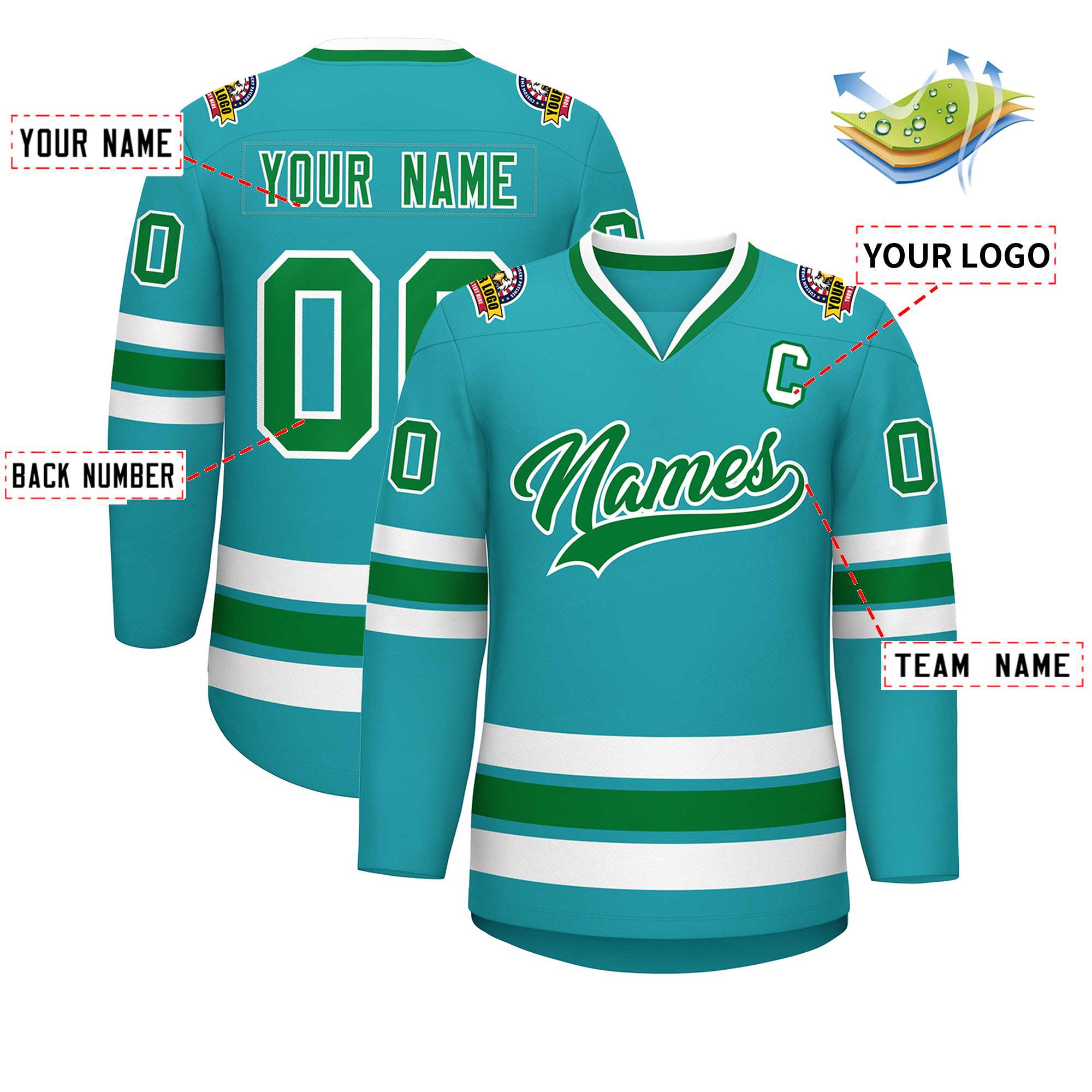 Maillot de hockey de style classique Aqua Kelly personnalisé vert-blanc