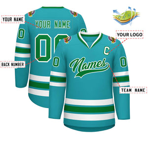 Custom Aqua Kelly Green-White Classic Style Hockey Jersey