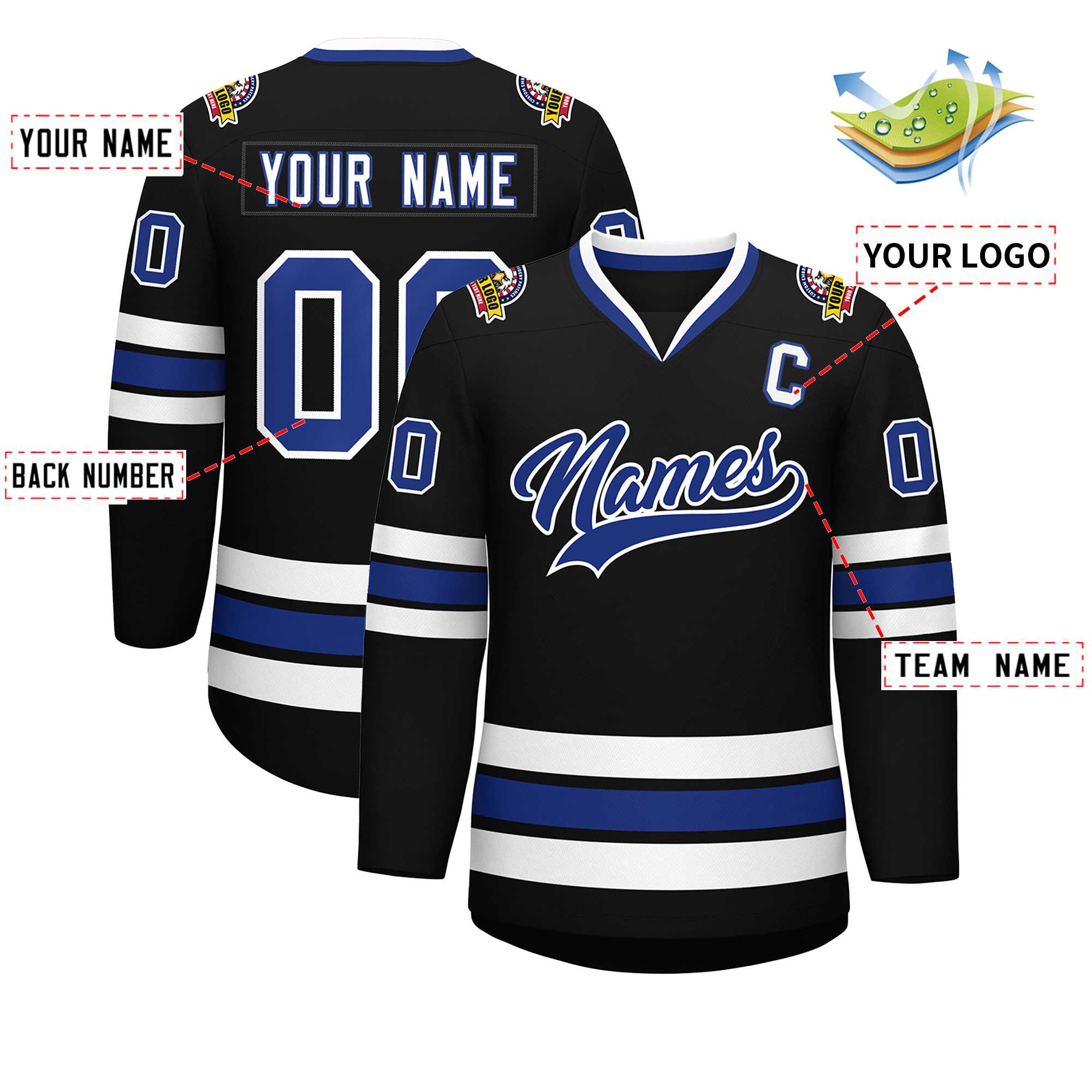 Maillot de hockey de style classique noir royal-blanc personnalisé