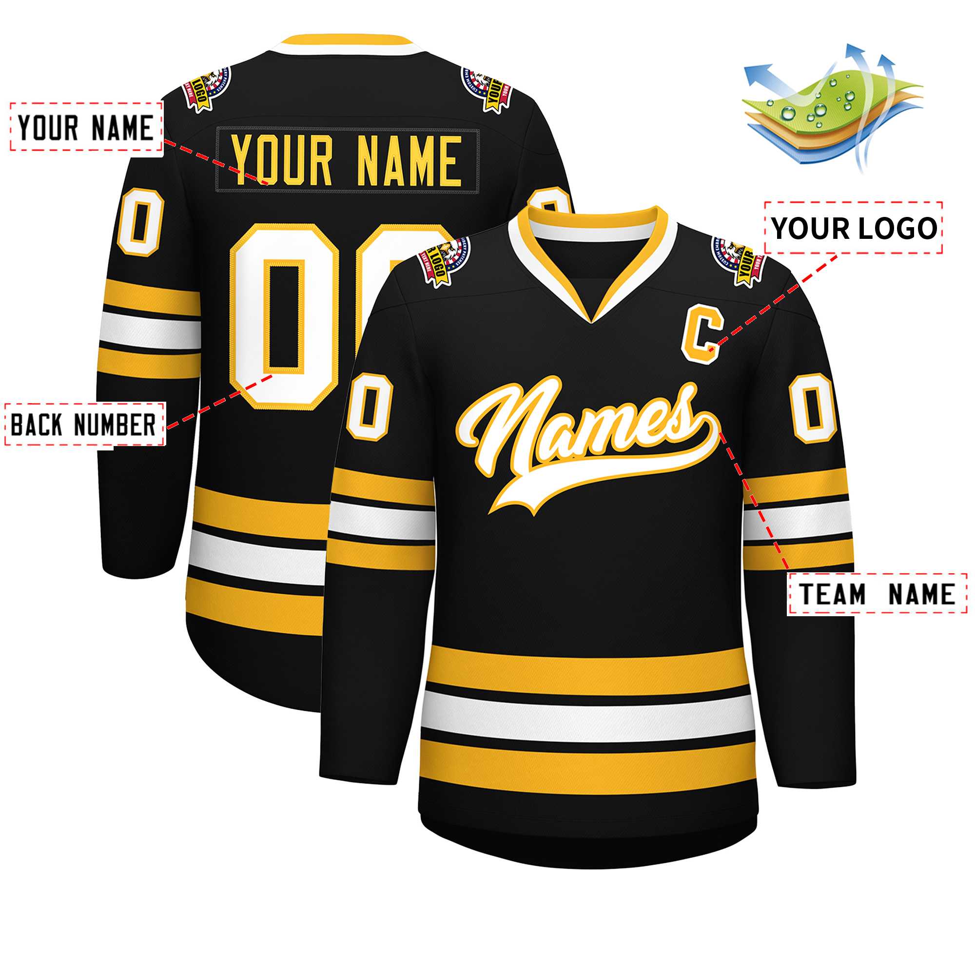 Custom Black White-Gold Classic Style Hockey Jersey