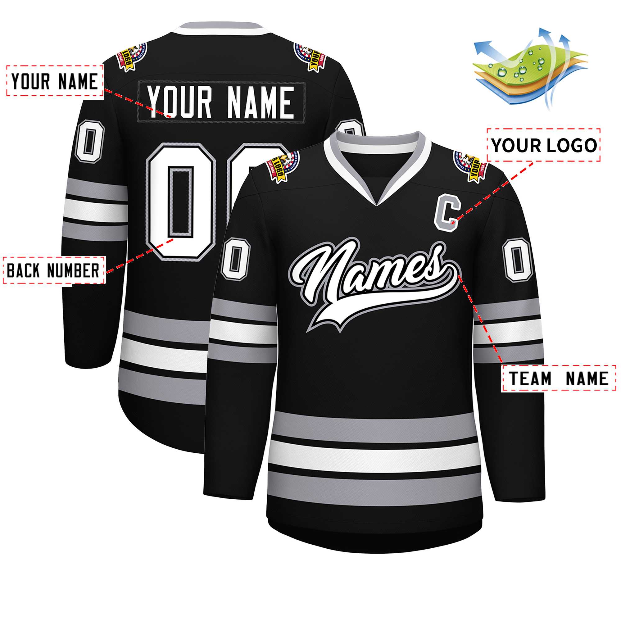 Custom Black White Black-Gray Classic Style Hockey Jersey