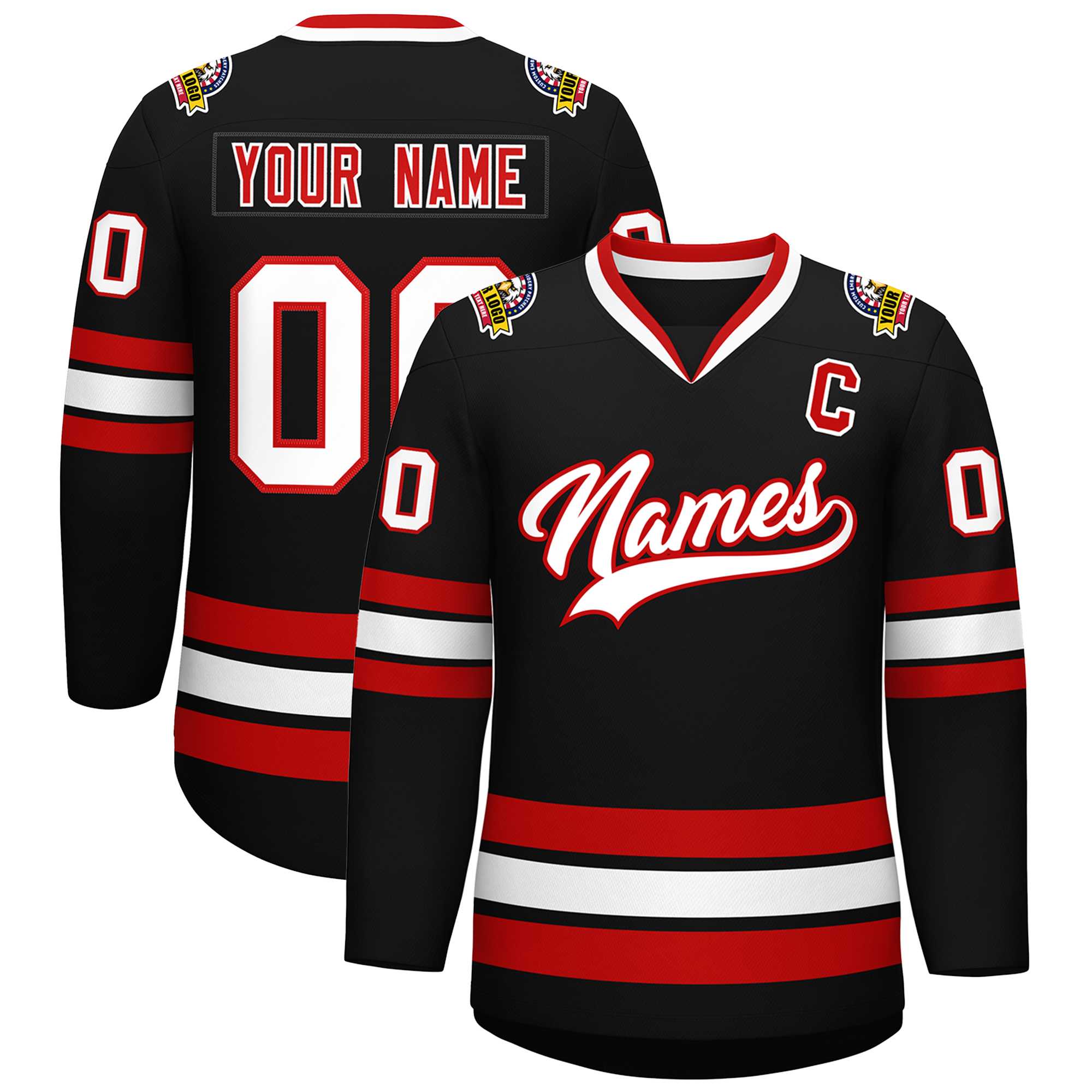 Maillot de hockey de style classique noir blanc-rouge personnalisé