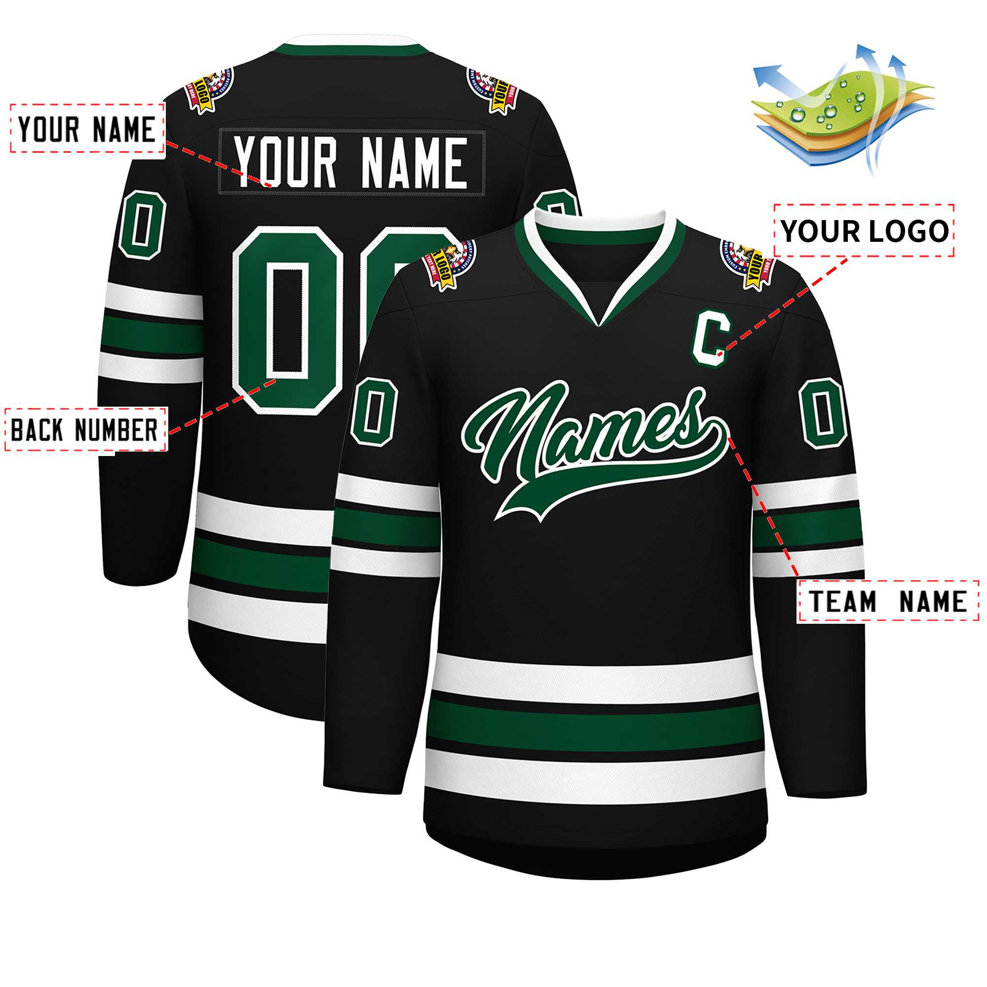 Maillot de hockey de style classique noir vert-blanc personnalisé