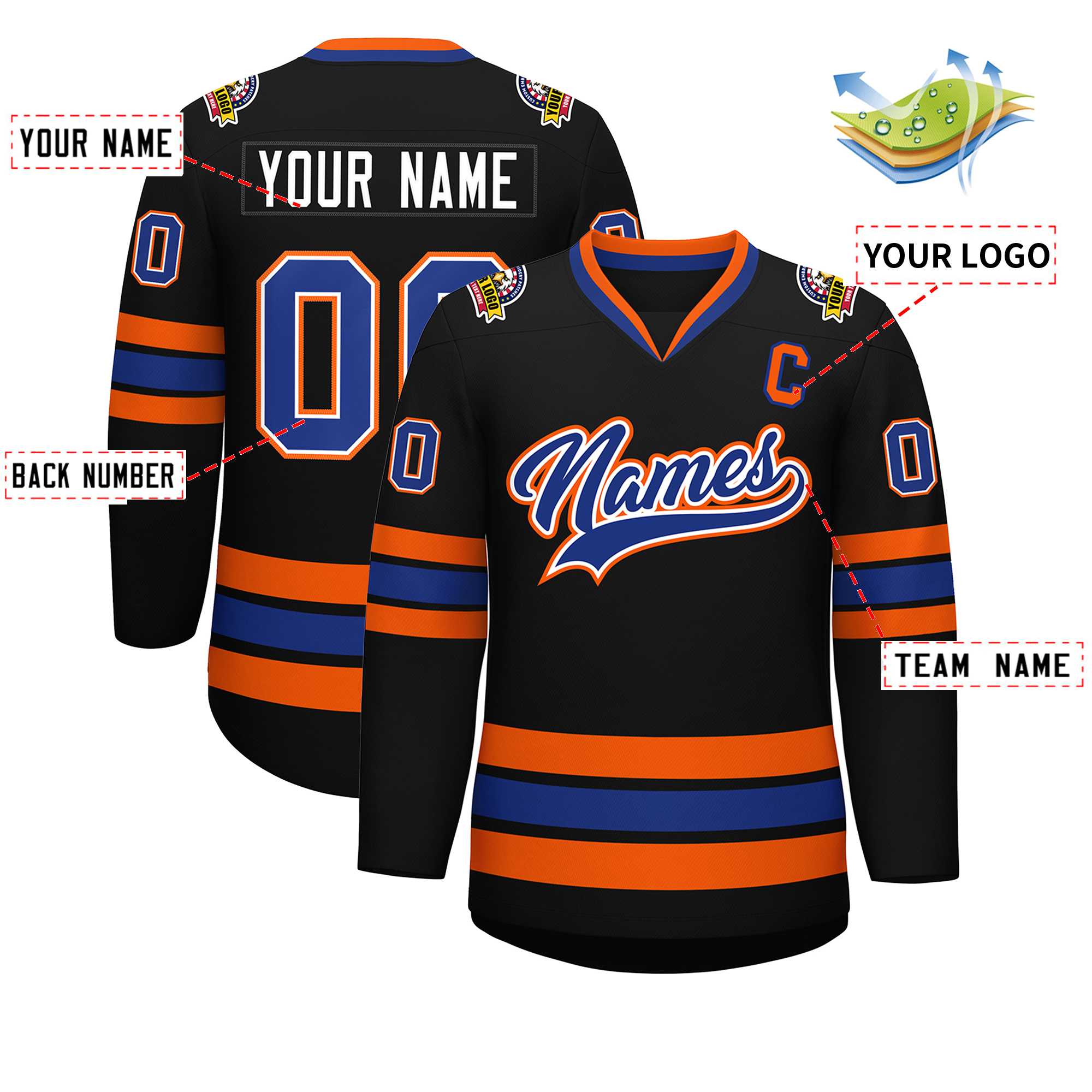 Maillot de hockey de style classique noir royal blanc-orange personnalisé