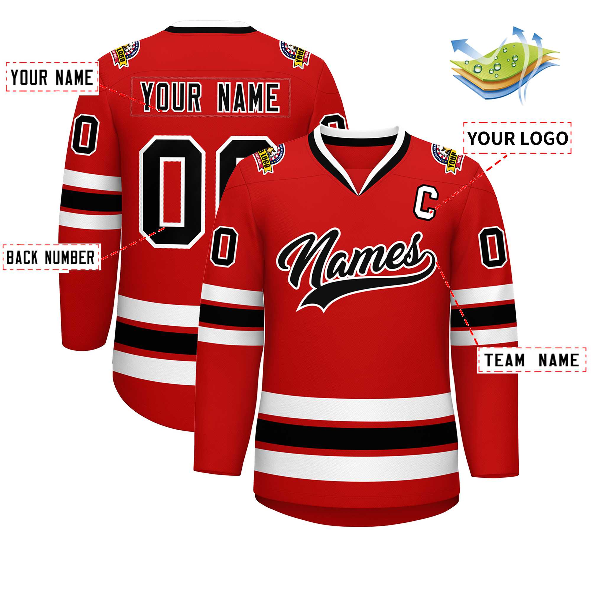 Maillot de hockey de style classique rouge noir-blanc personnalisé