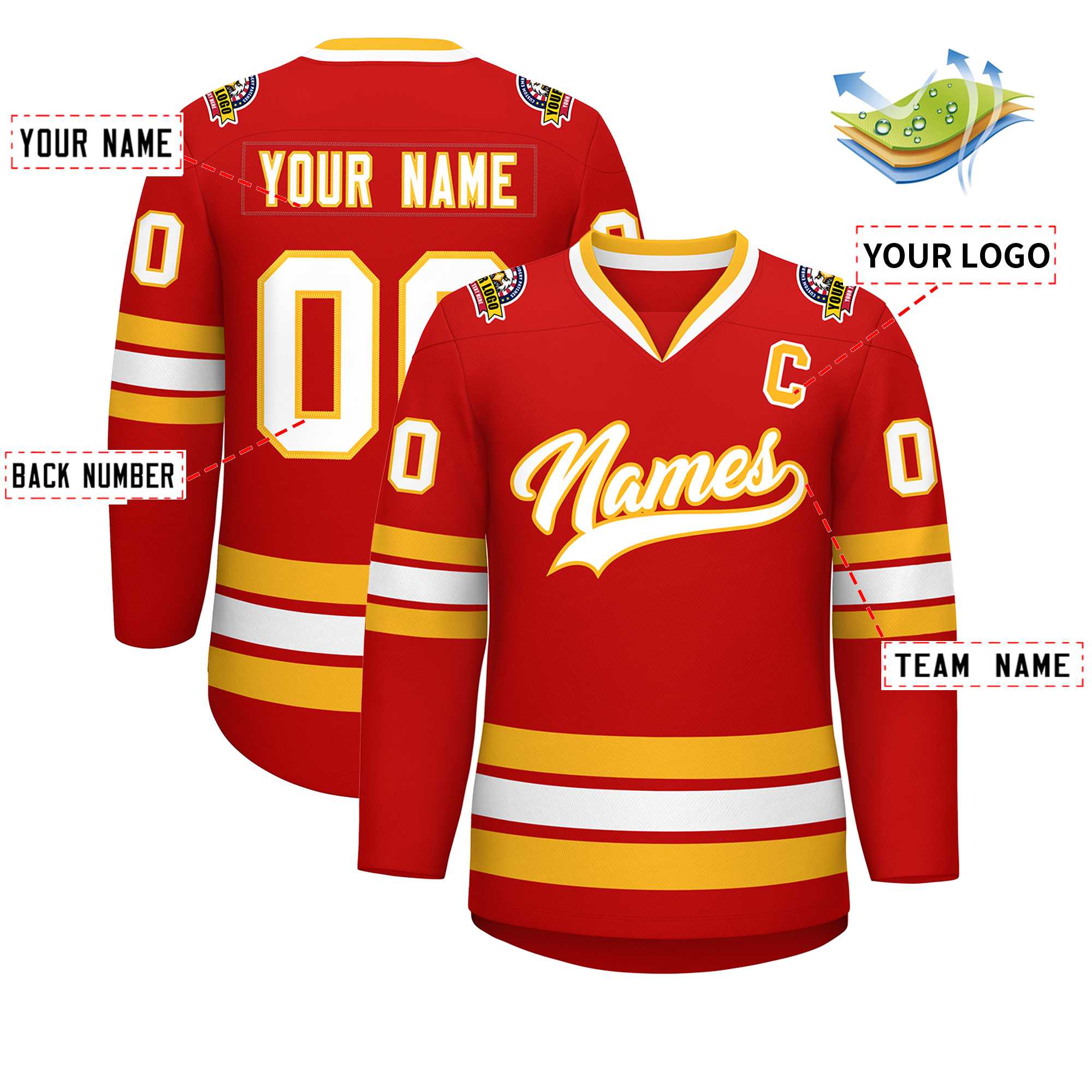 Custom Red White-Gold Classic Style Hockey Jersey