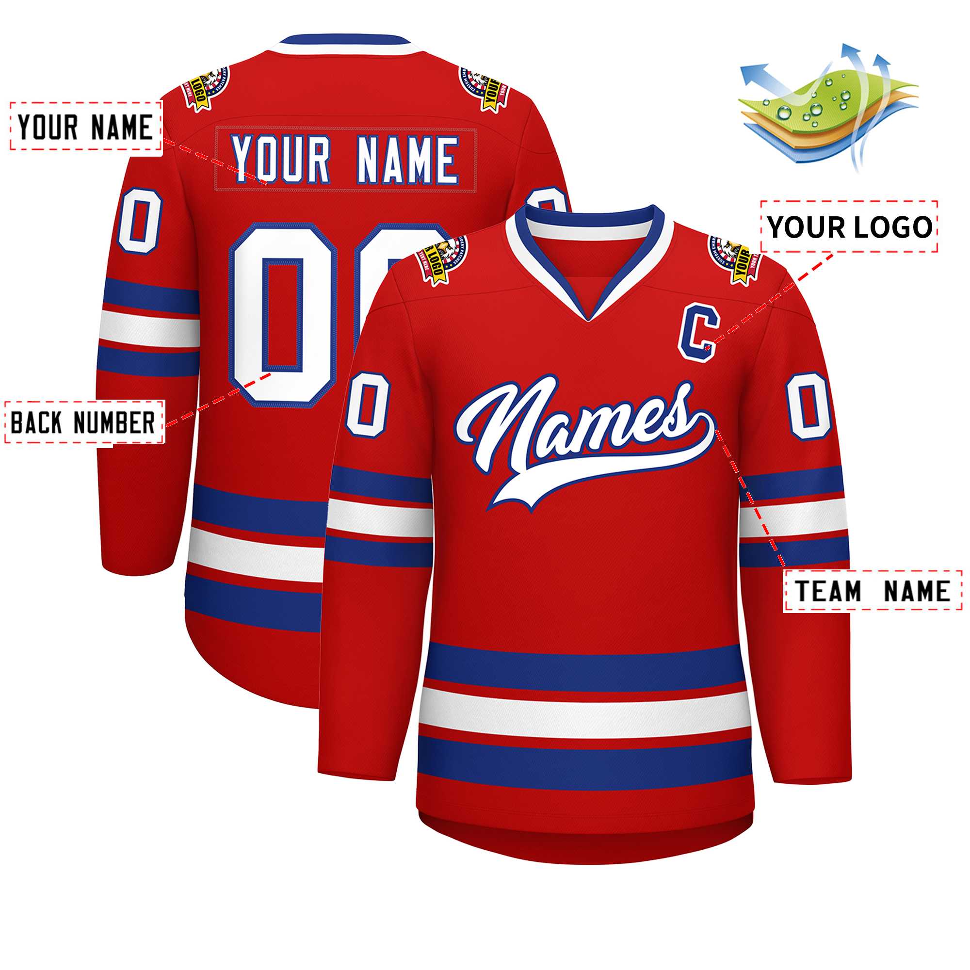 Custom Red White-Royal Classic Style Hockey Jersey