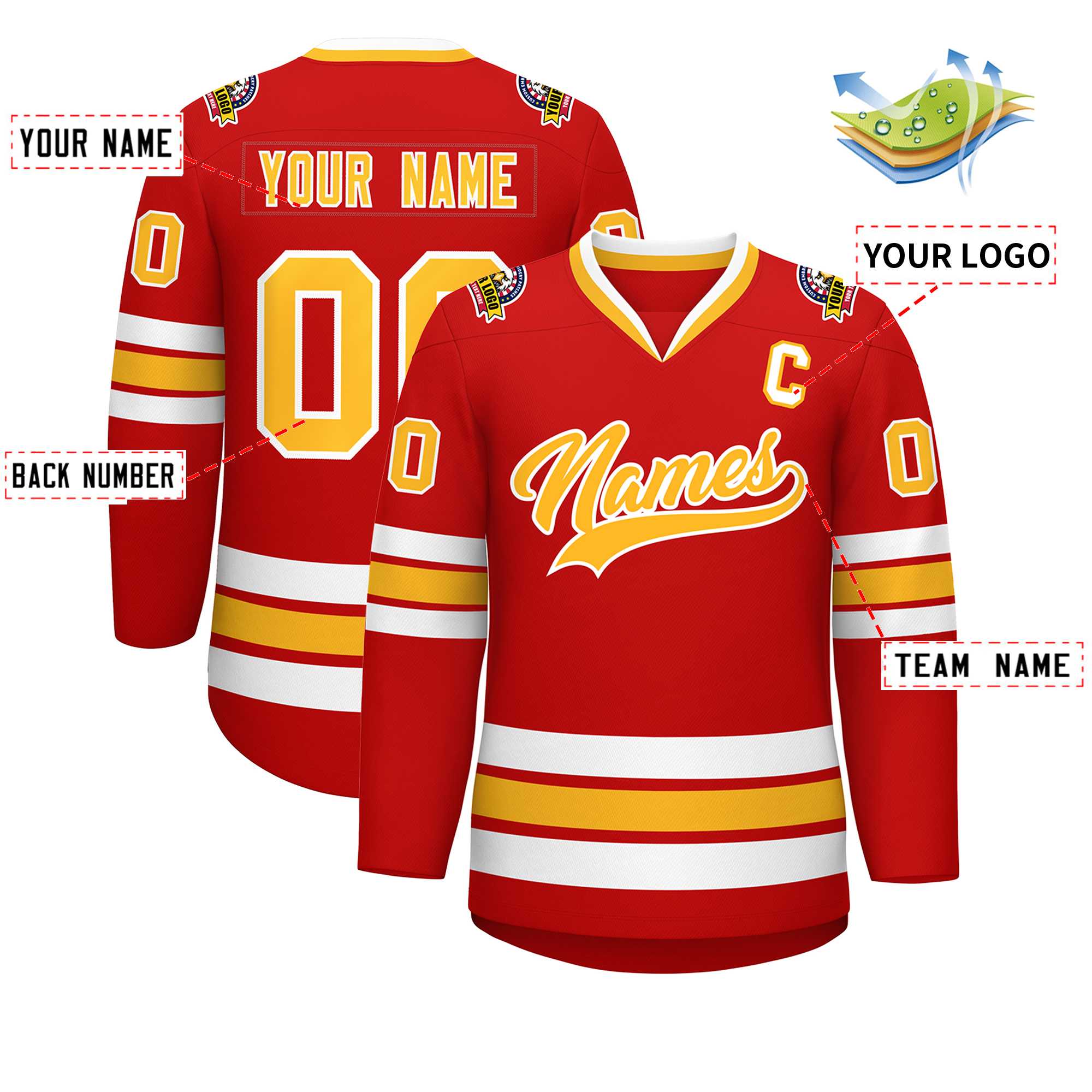 Maillot de hockey de style classique personnalisé rouge or-blanc