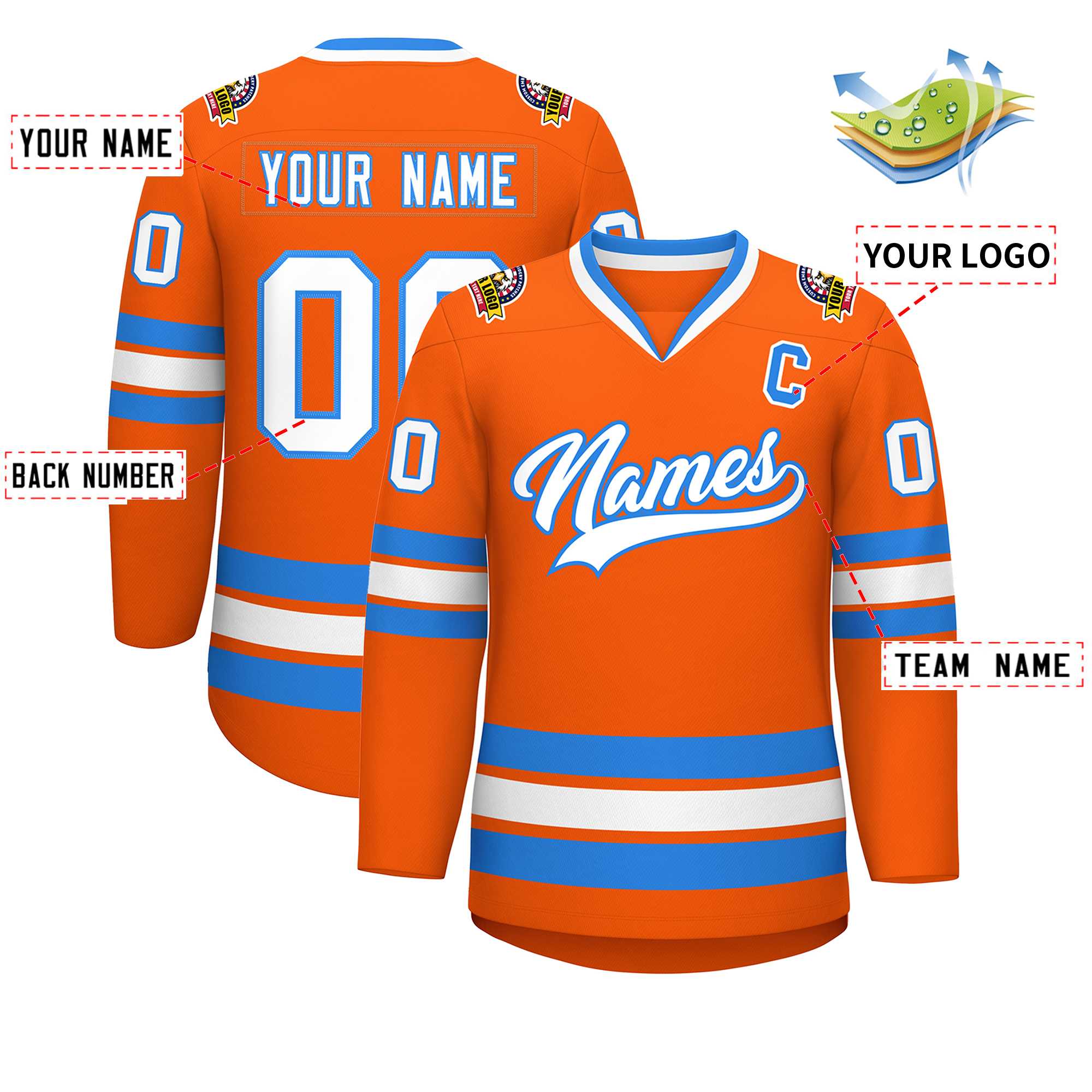 Custom Orange White-Powder Blue Classic Style Hockey Jersey