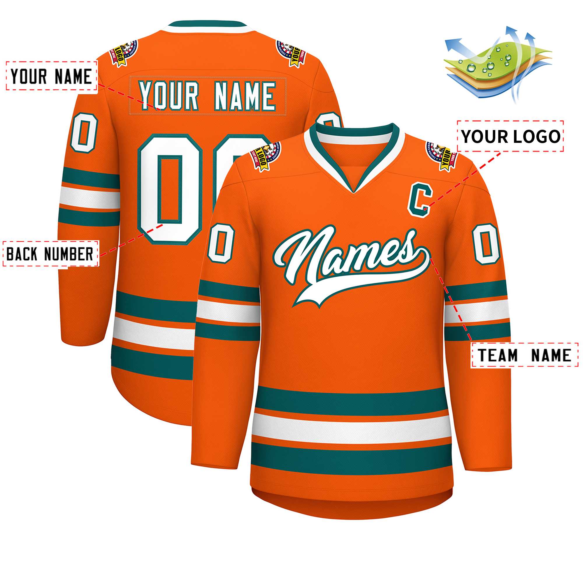 Maillot de hockey de style classique orange blanc-aqua personnalisé