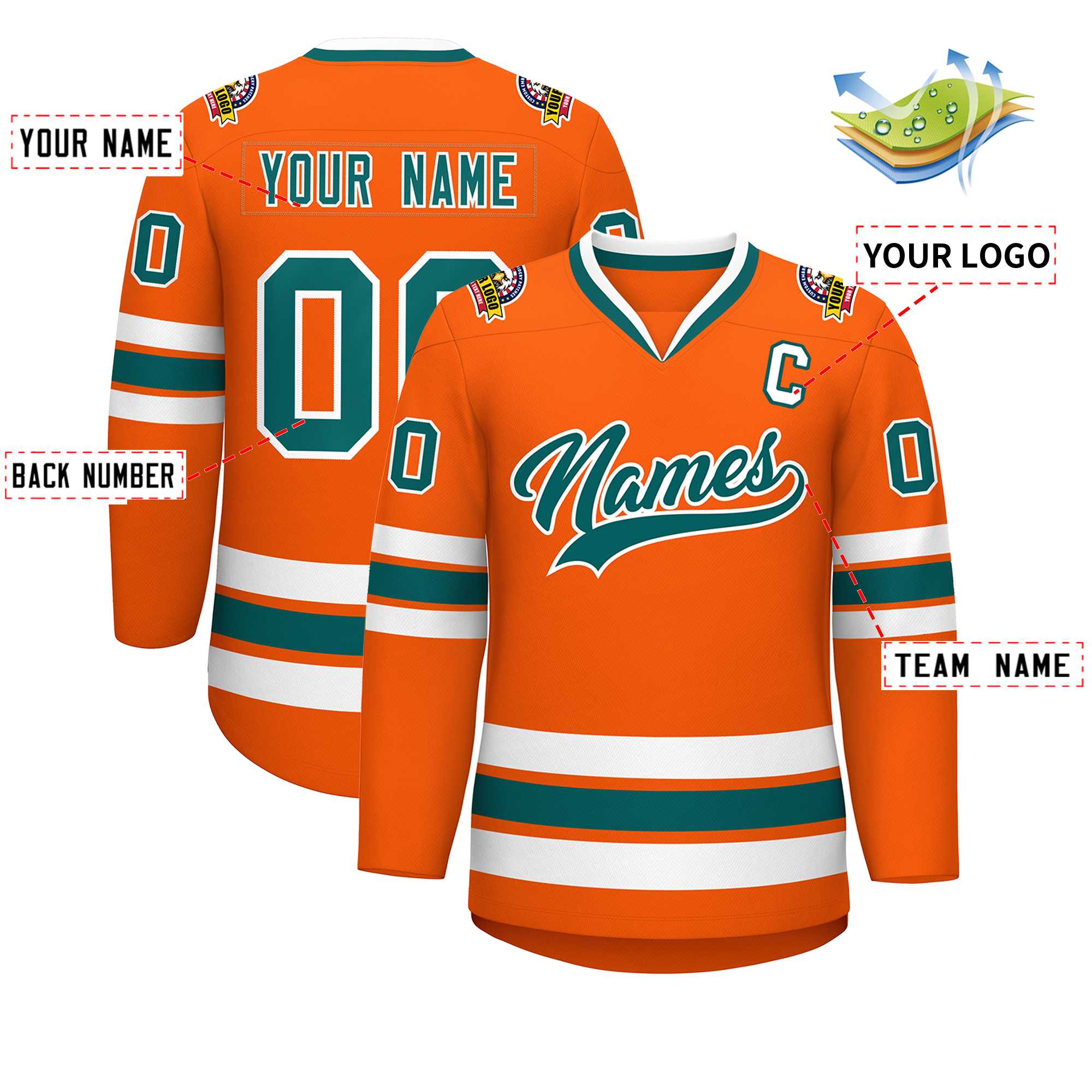 Custom Orange Aqua-White Classic Style Hockey Jersey