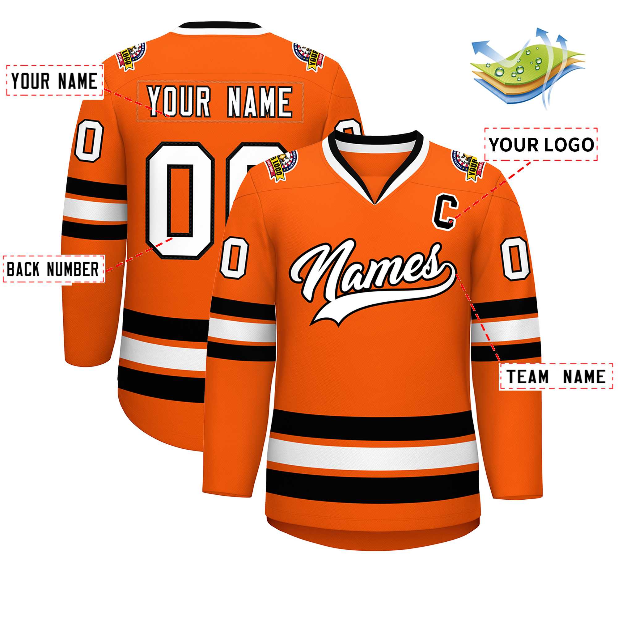 Maillot de hockey de style classique orange blanc-noir personnalisé