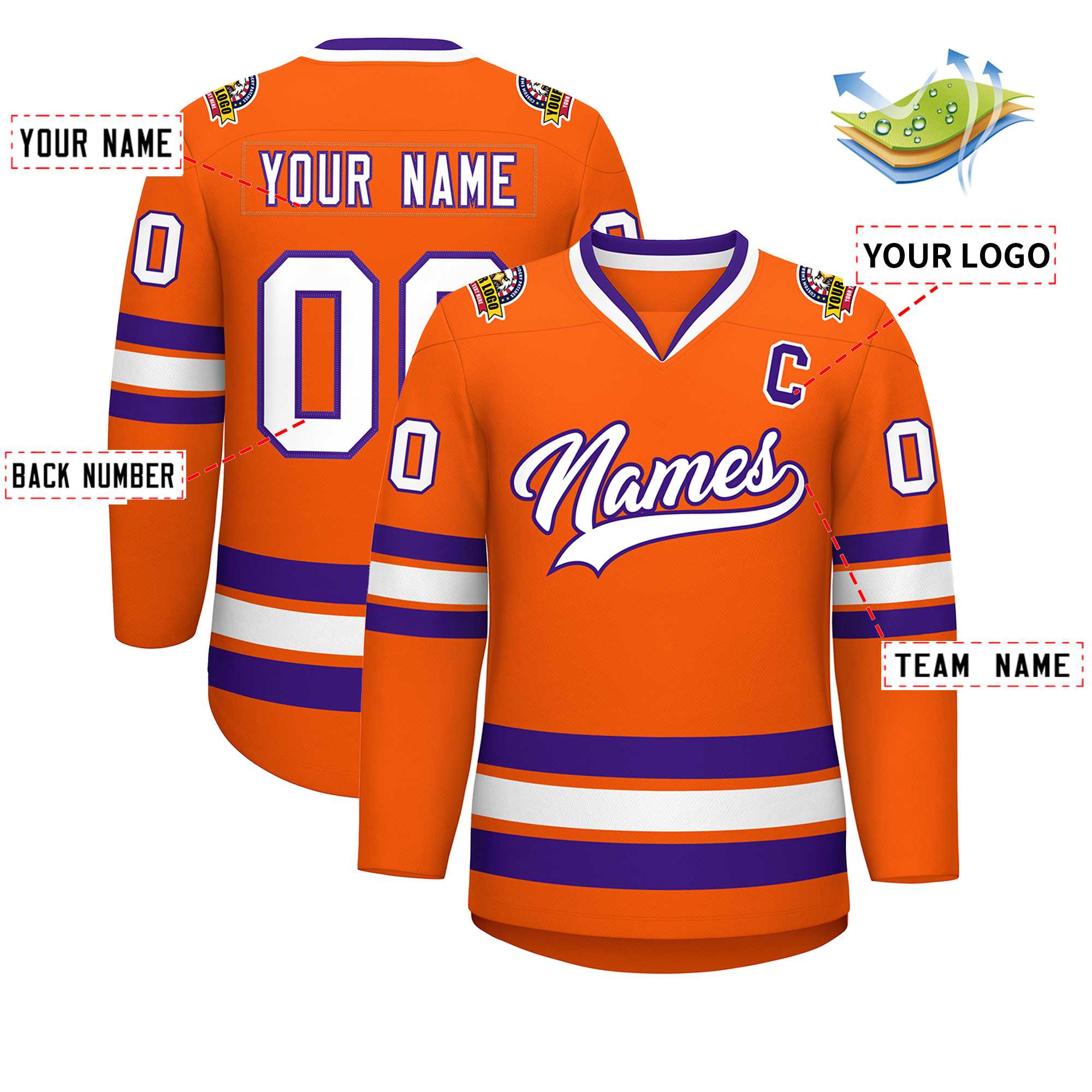 Maillot de hockey de style classique orange blanc-violet personnalisé