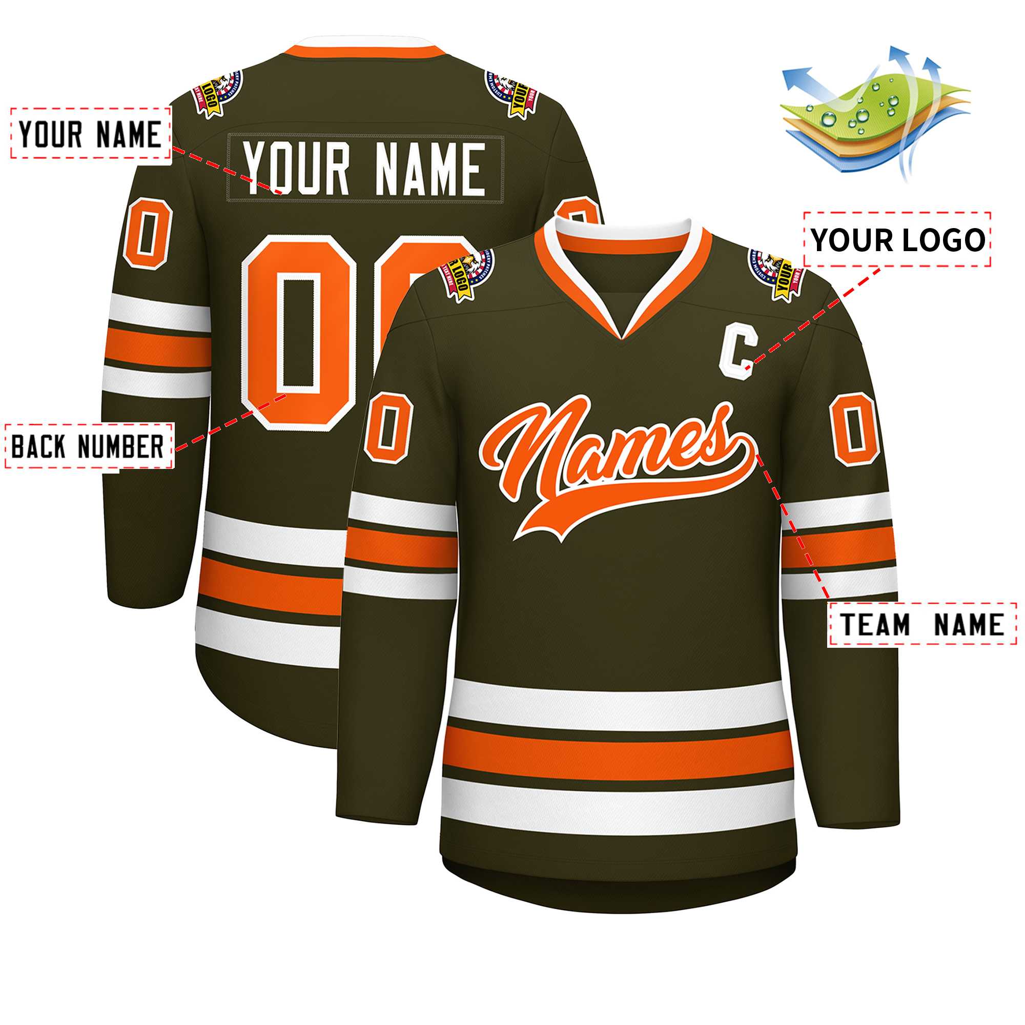 Maillot de hockey de style classique olive orange-blanc personnalisé