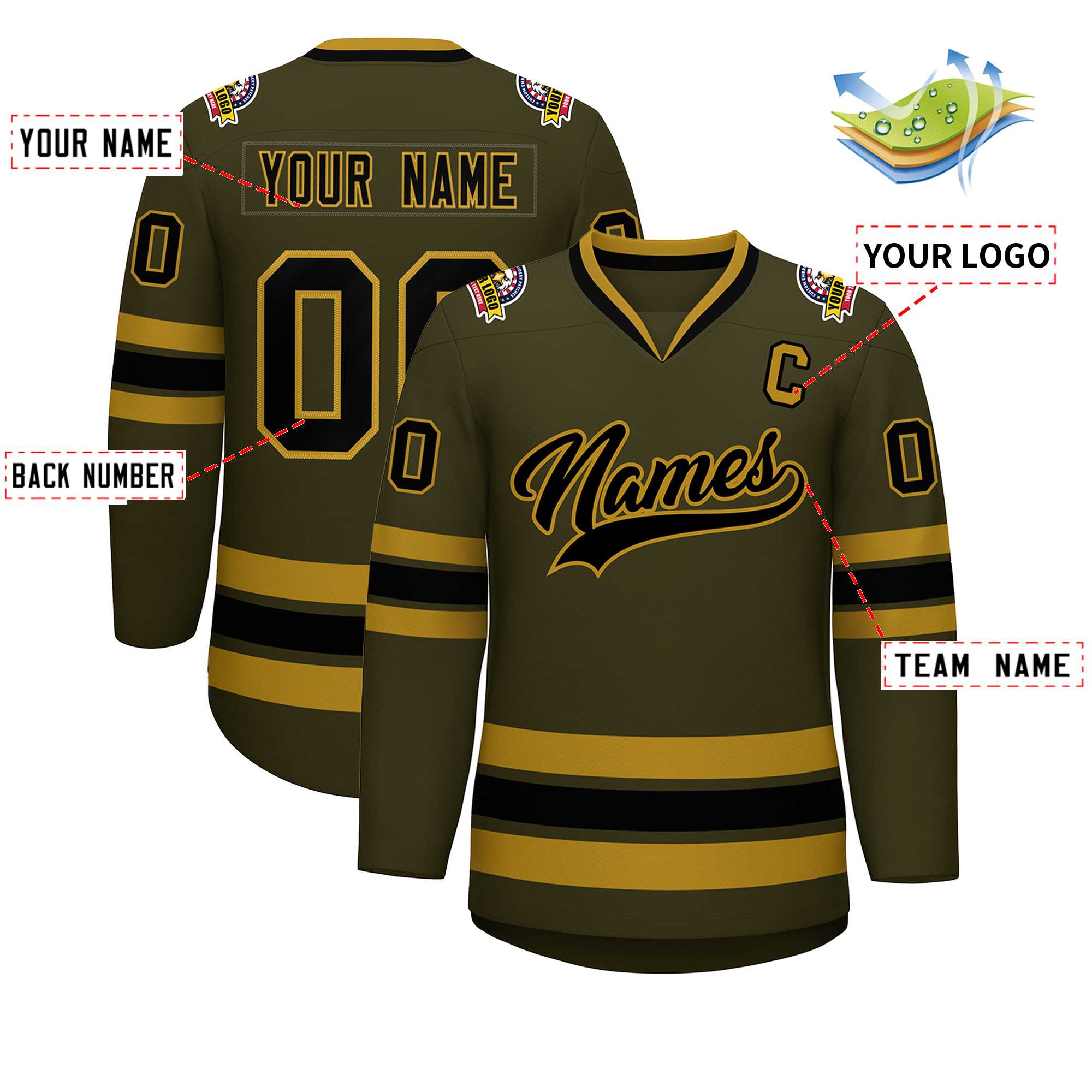 Custom Olive Black-Old Gold Classic Style Hockey Jersey