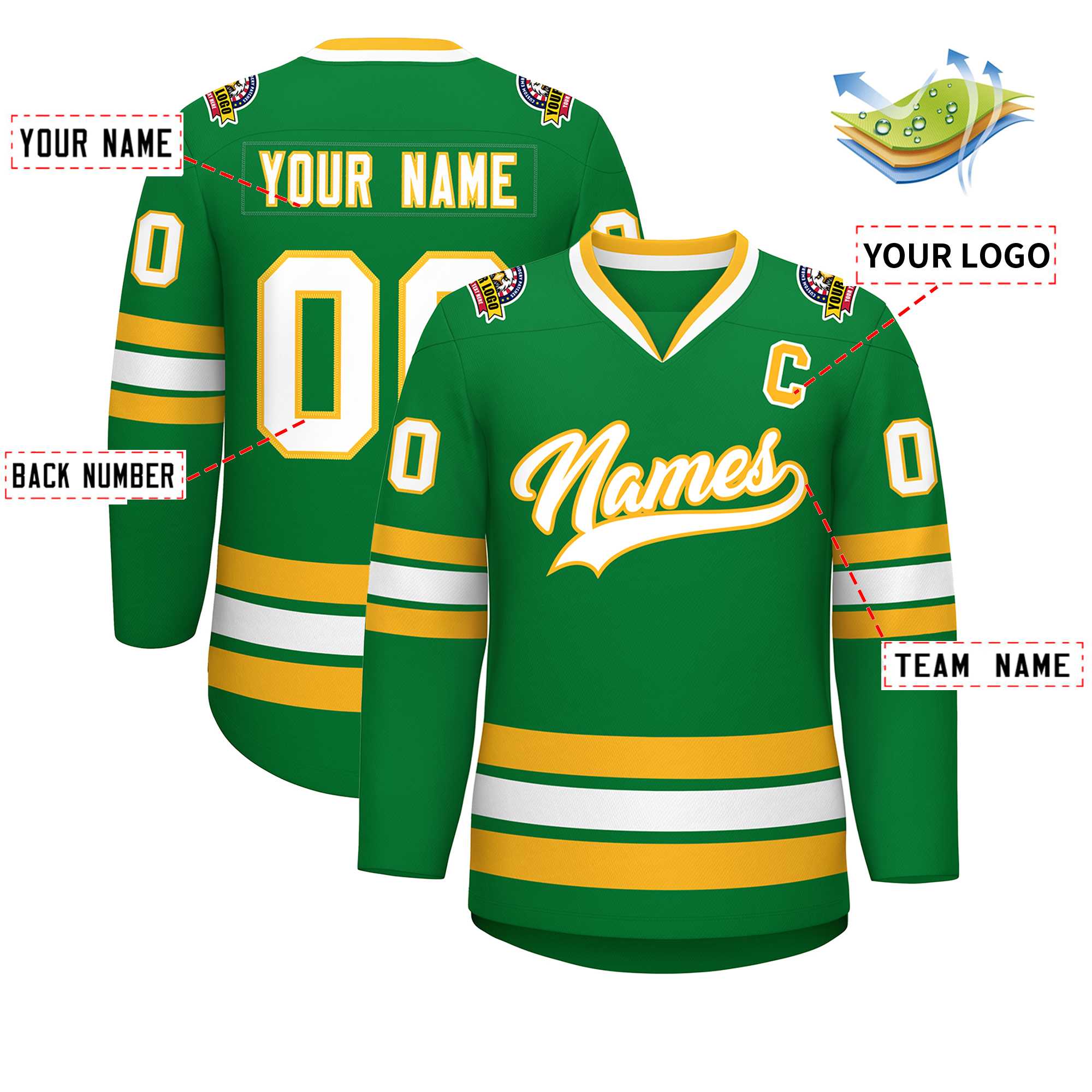 Custom Kelly Green White-Gold Classic Style Hockey Jersey