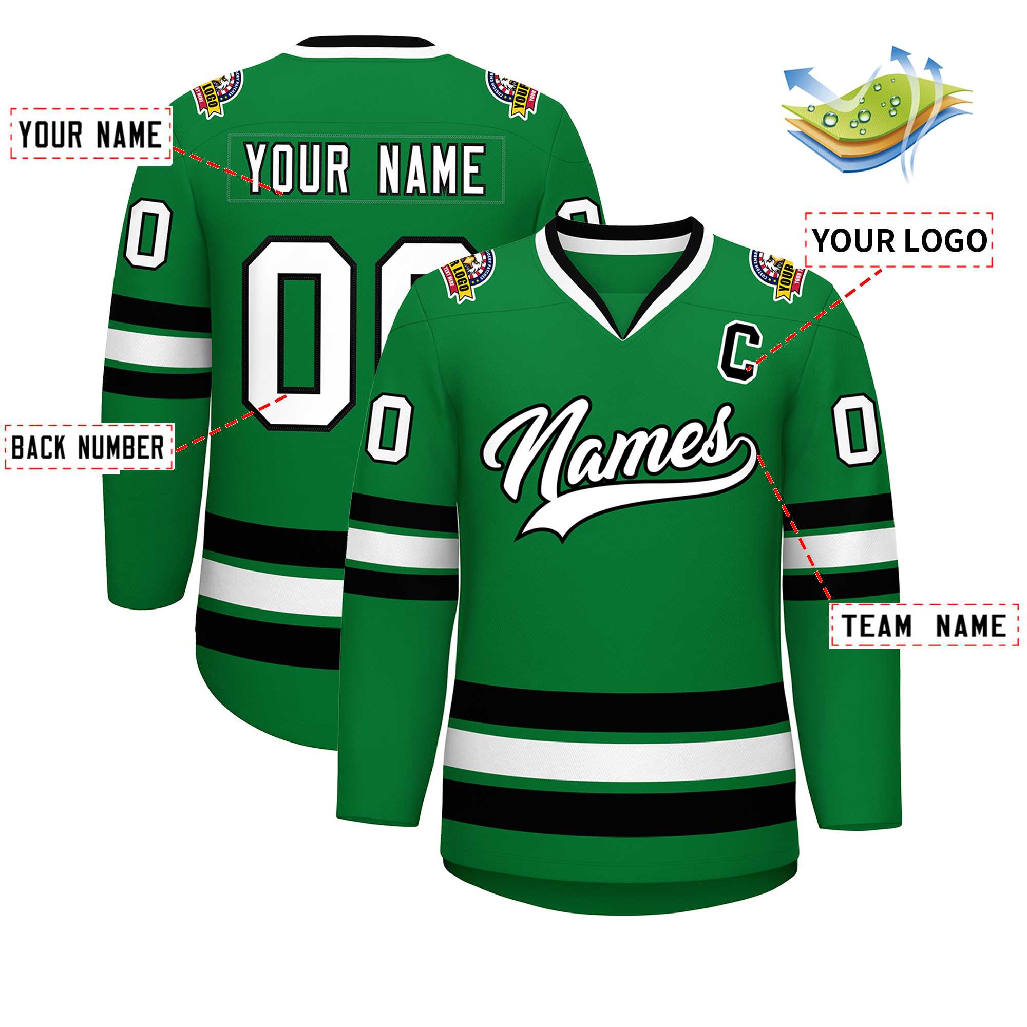 Custom Kelly Green White-Black Classic Style Hockey Jersey