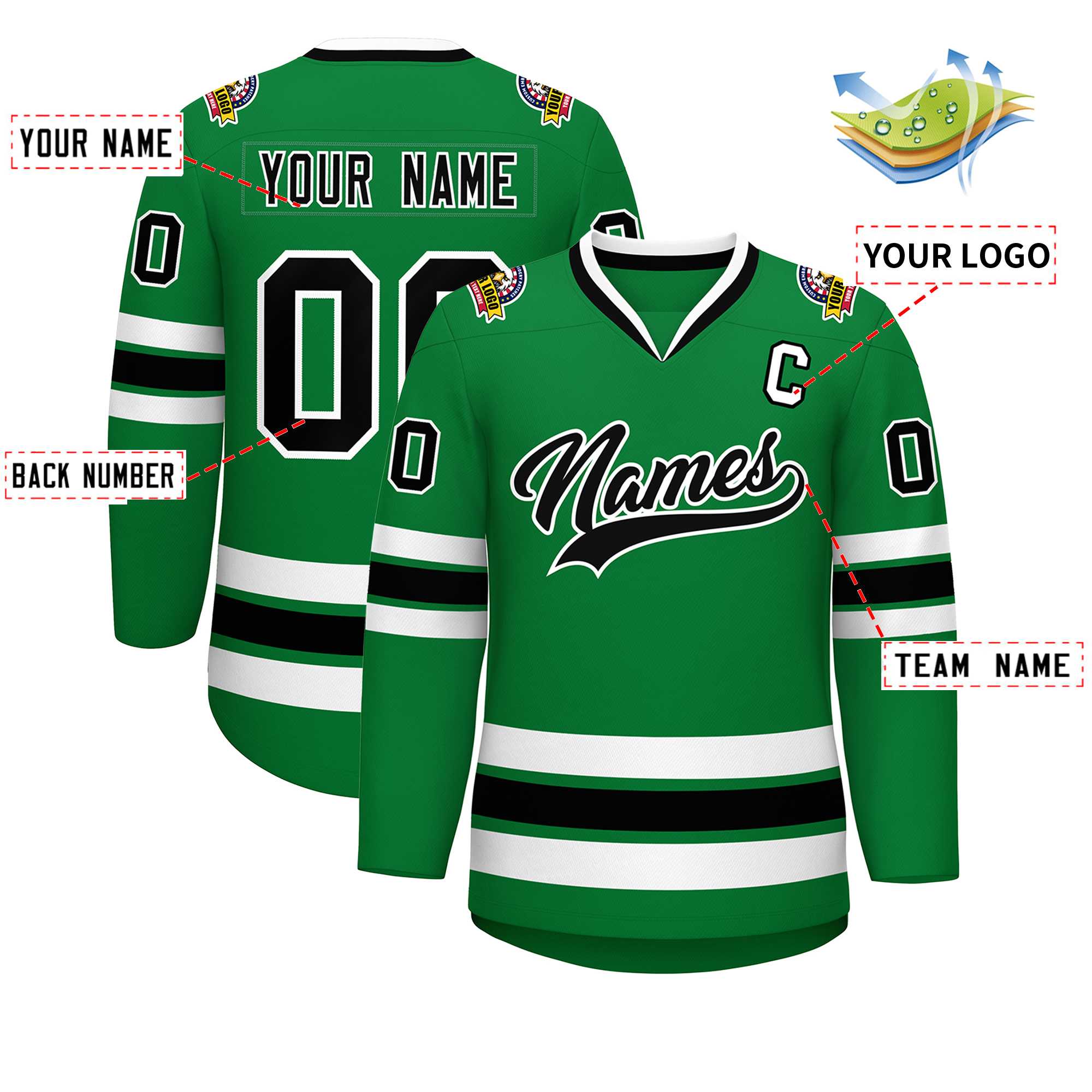 Maillot de hockey de style classique Kelly Green noir-blanc personnalisé