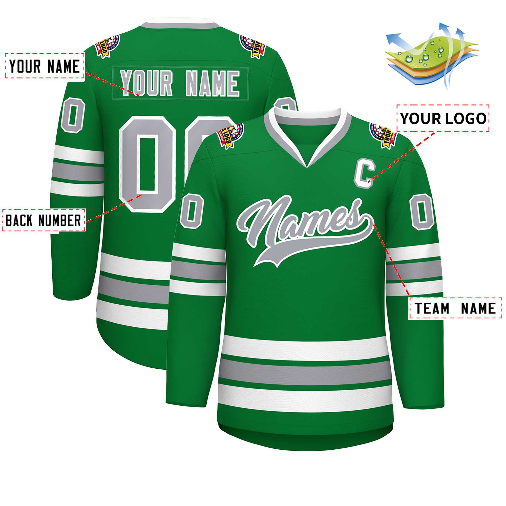 Custom Kelly Green Gray-White Classic Style Hockey Jersey