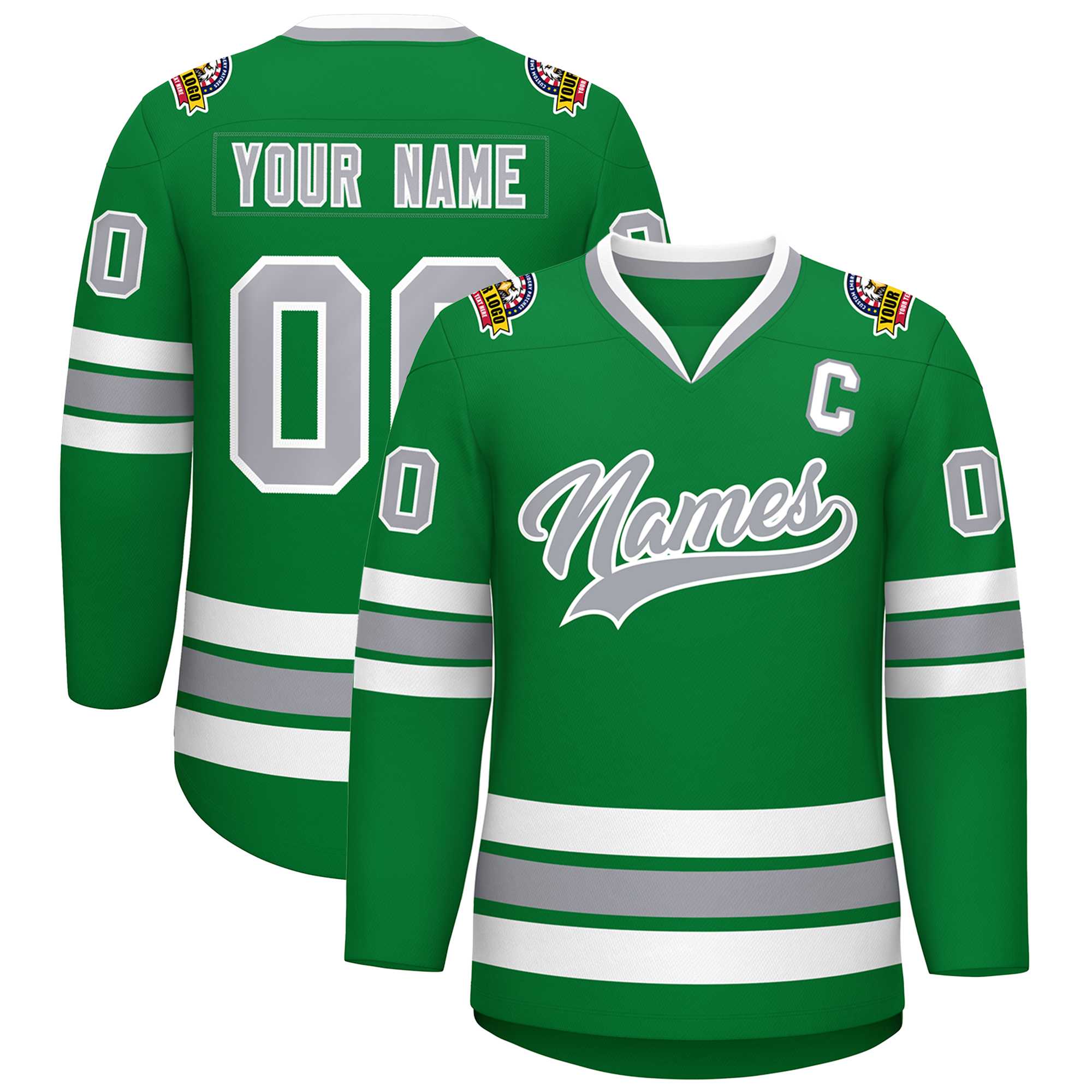 Custom Kelly Green Gray-White Classic Style Hockey Jersey