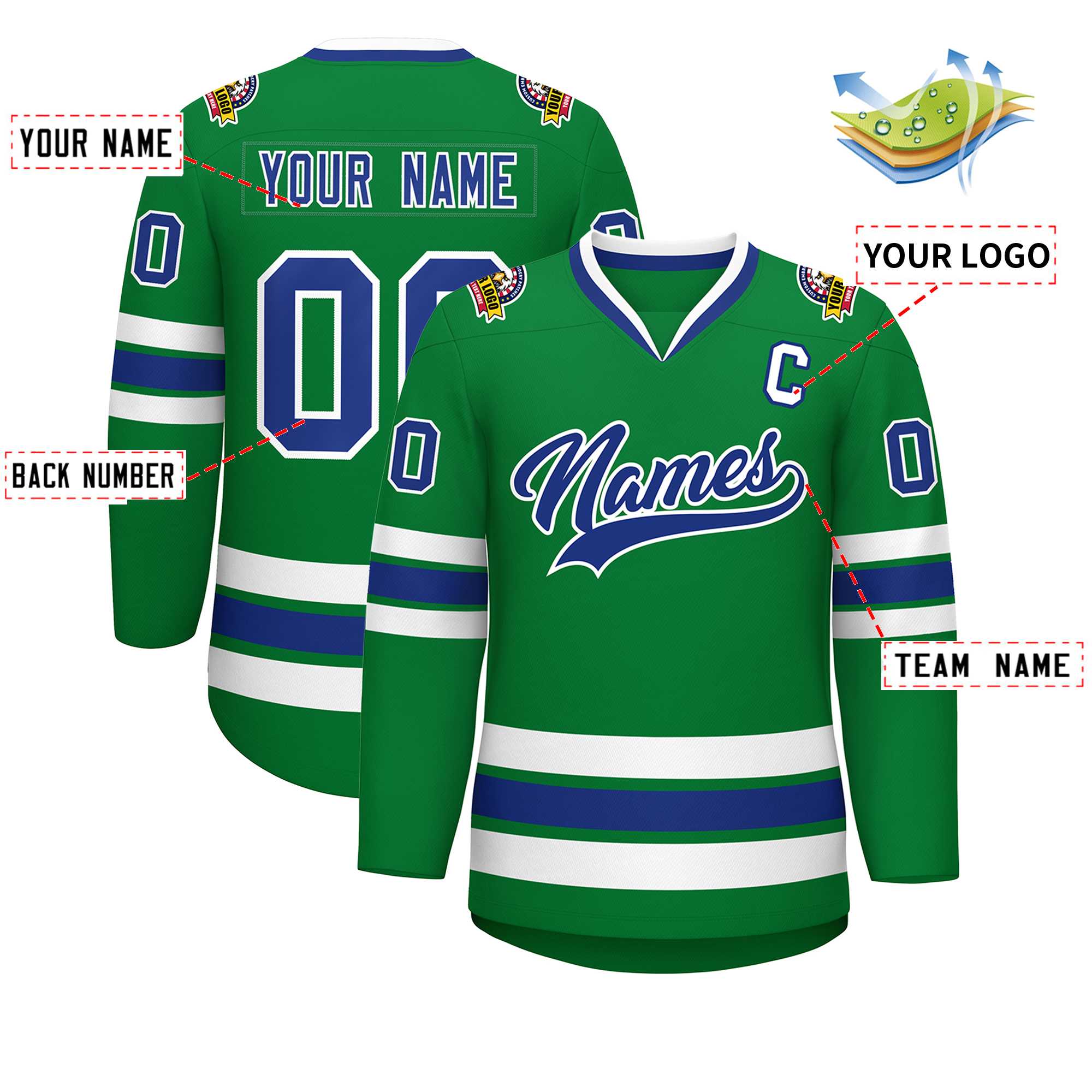 Custom Kelly Green Royal-White Classic Style Hockey Jersey