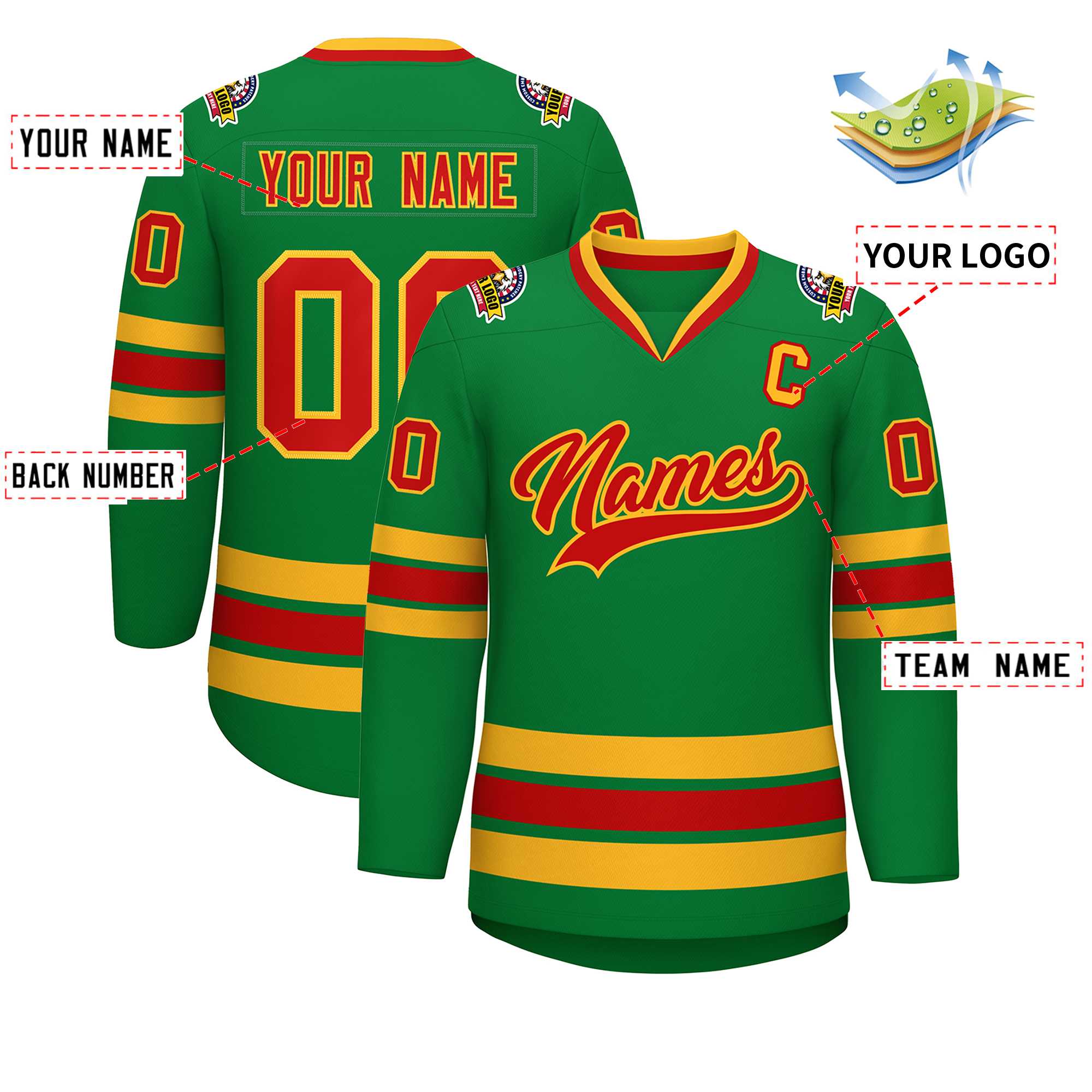 Custom Kelly Green Red-Gold Classic Style Hockey Jersey