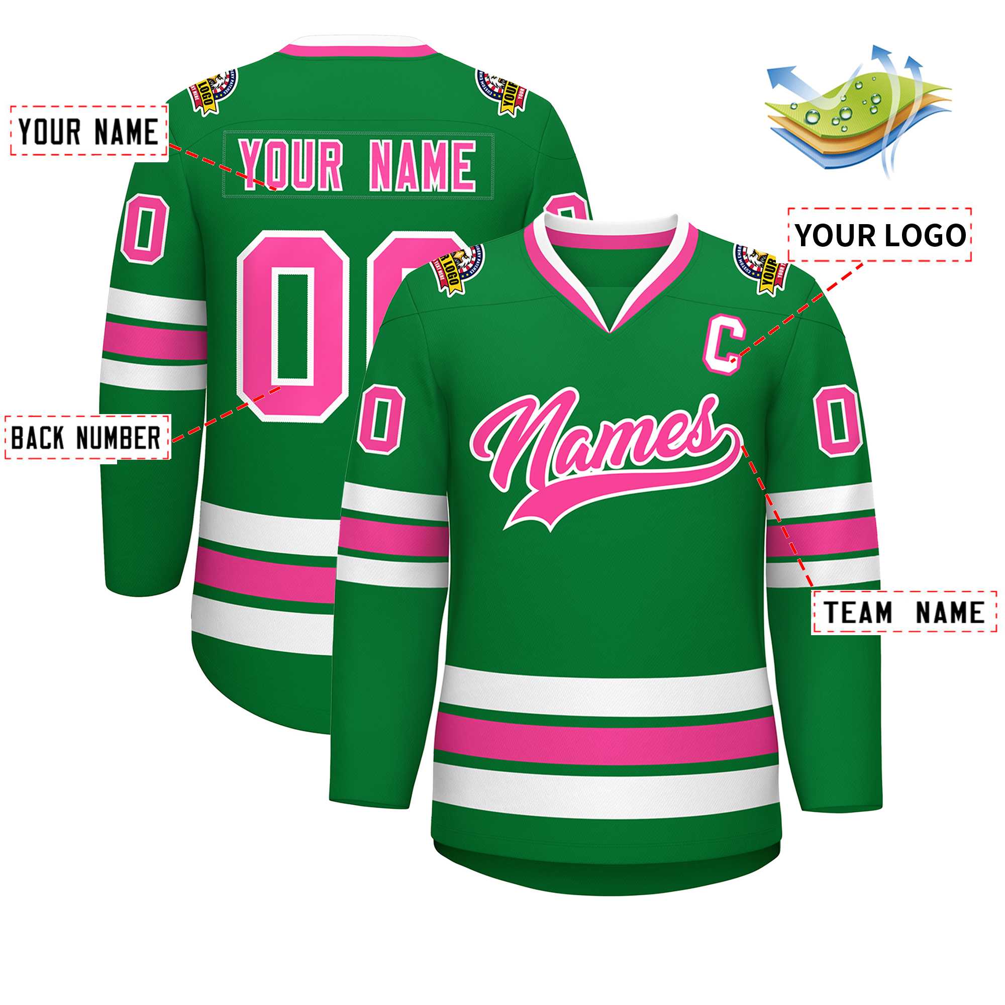 Custom Kelly Green Pink-White Classic Style Hockey Jersey