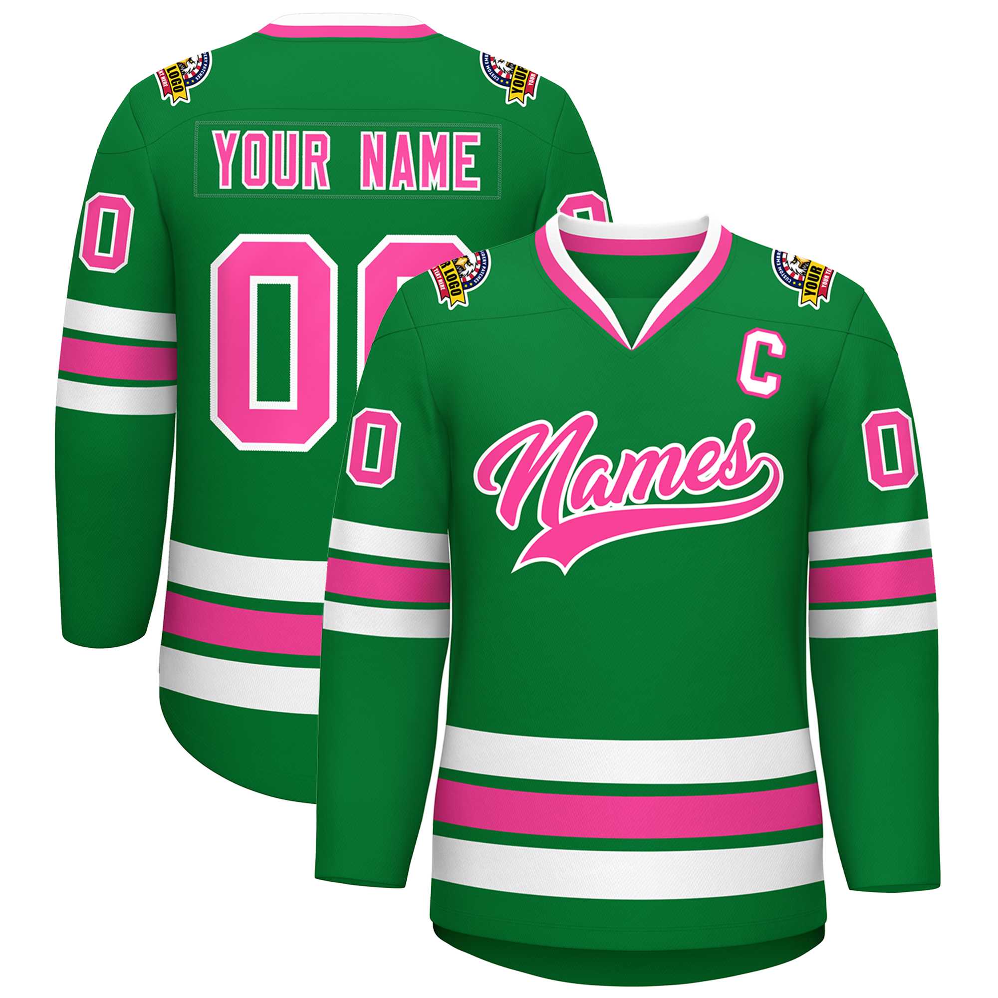 Custom Kelly Green Pink-White Classic Style Hockey Jersey