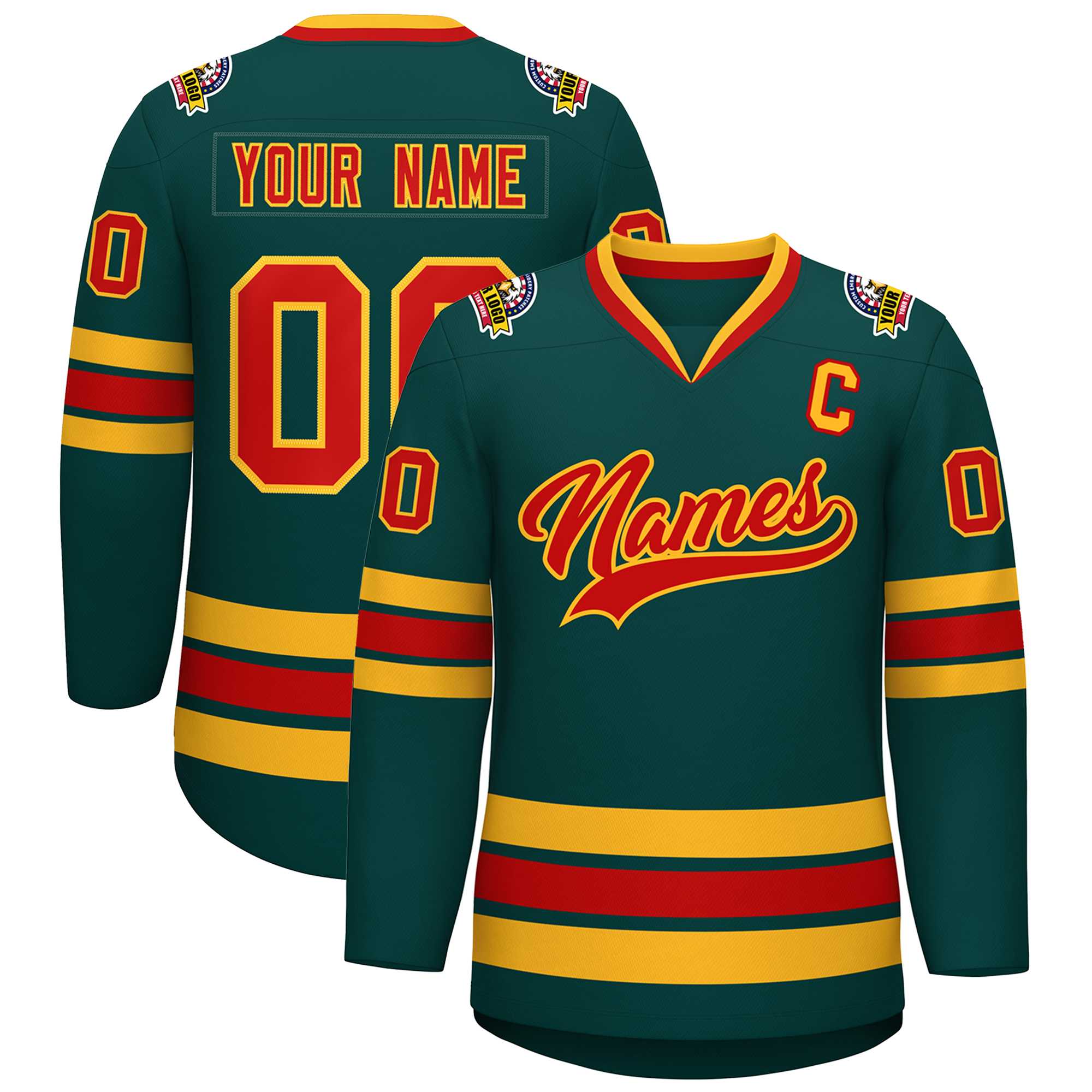 Custom Midnight Green Red-Gold Classic Style Hockey Jersey