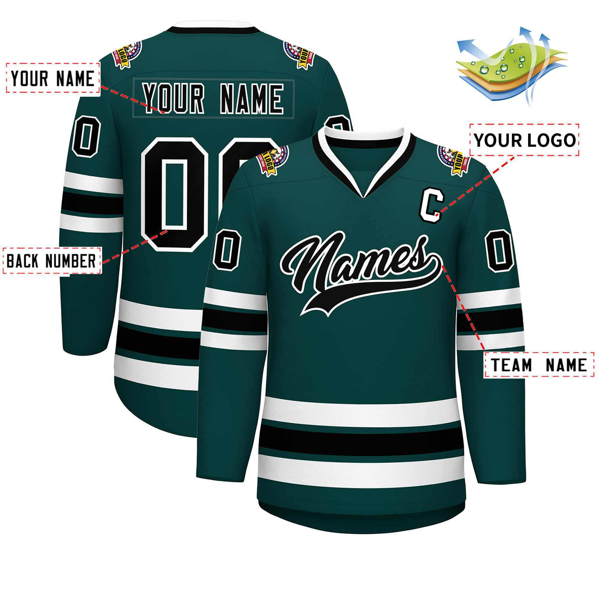 Custom Midnight Green Black-White Classic Style Hockey Jersey