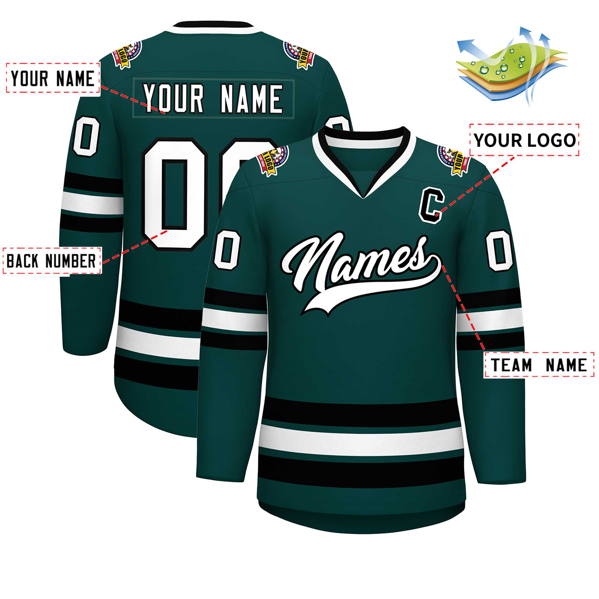 Custom Midnight Green White-Black Classic Style Hockey Jersey