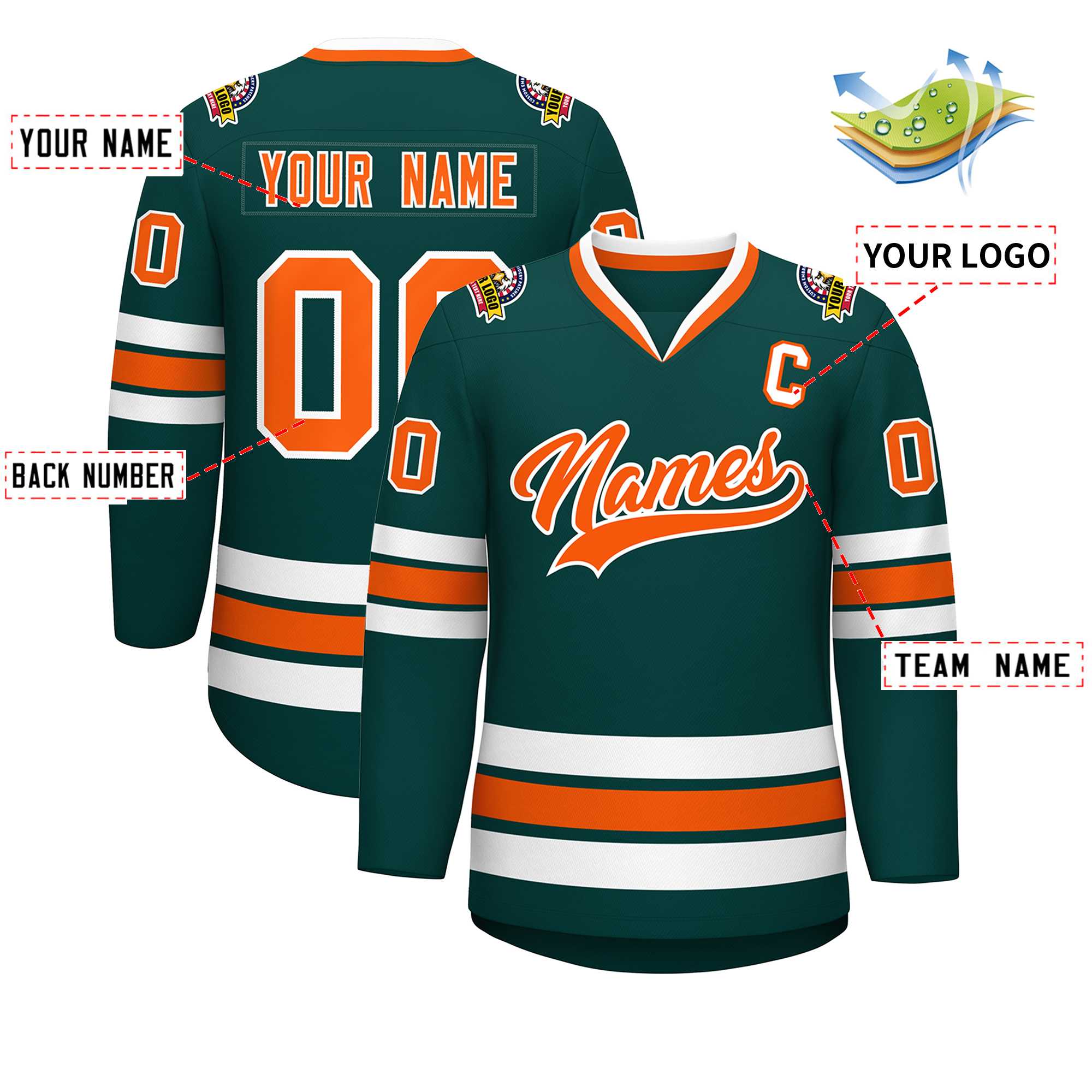 Custom Midnight Green Orange-White Classic Style Hockey Jersey