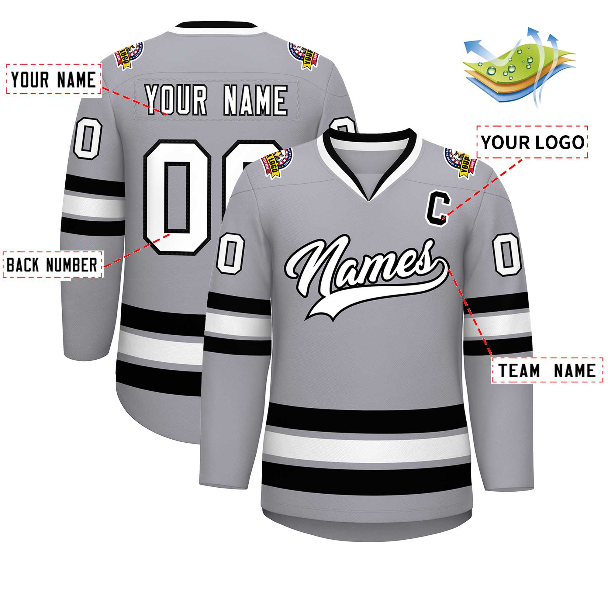 Maillot de hockey de style classique gris blanc-noir personnalisé