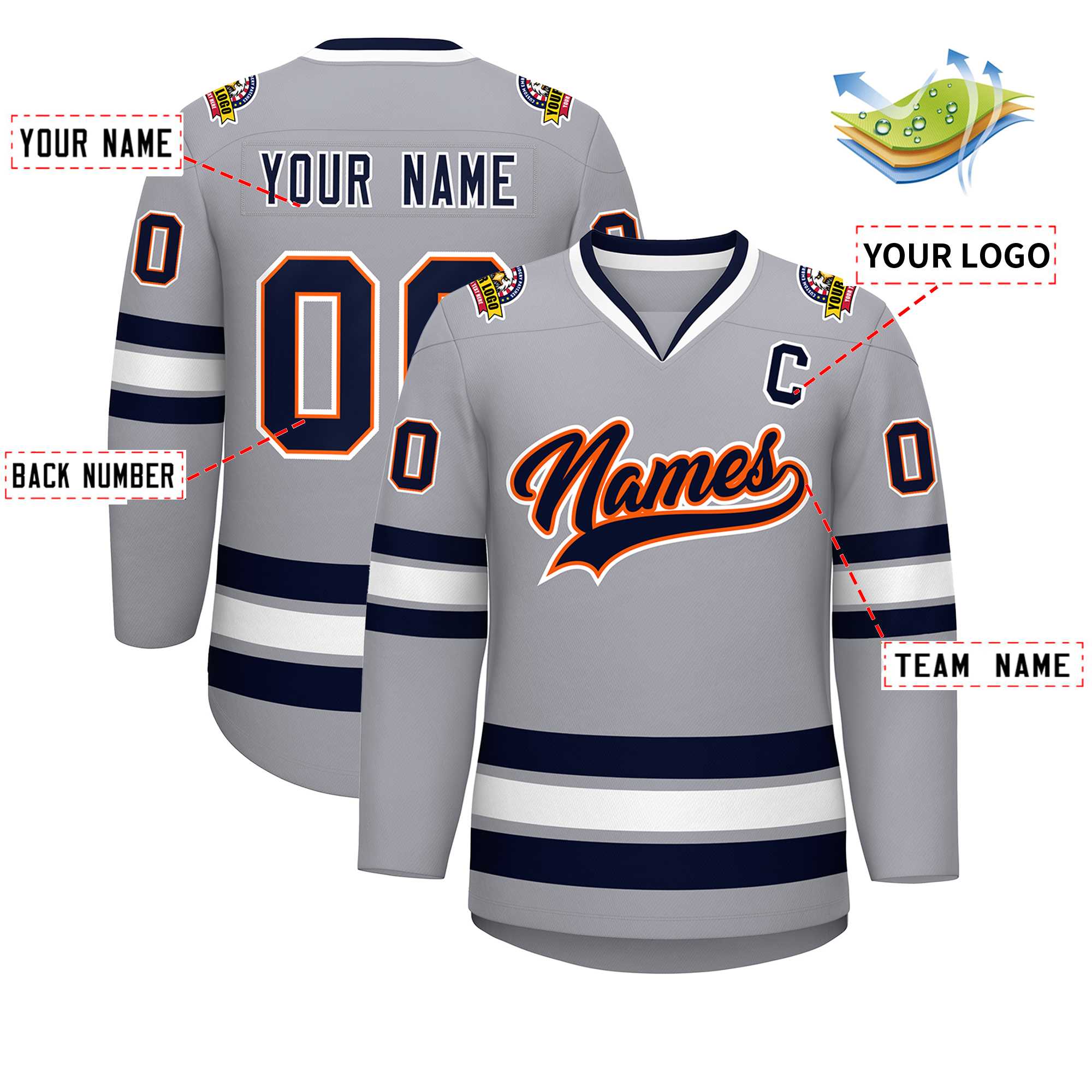 Maillot de hockey de style classique personnalisé gris marine orange-blanc