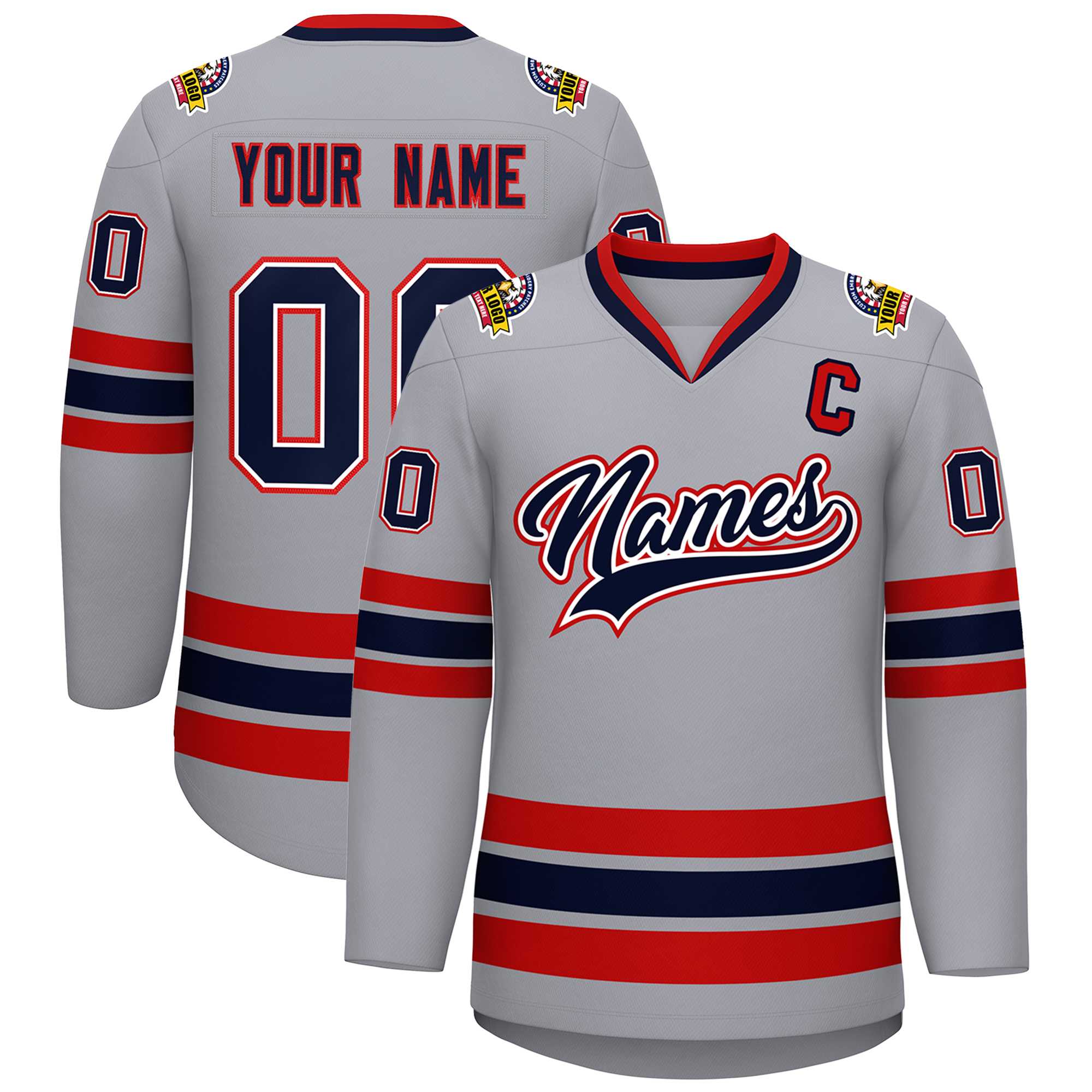 Maillot de hockey de style classique personnalisé gris marine blanc-rouge