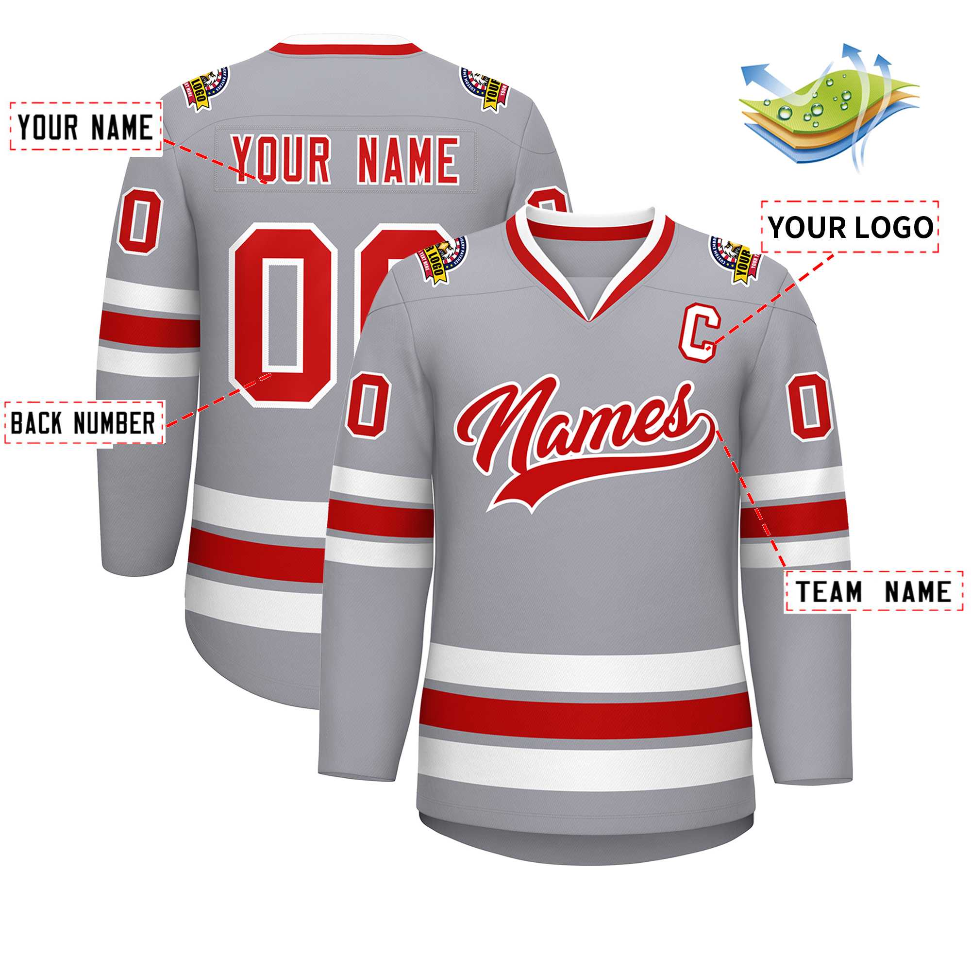 Maillot de hockey de style classique gris rouge-blanc personnalisé